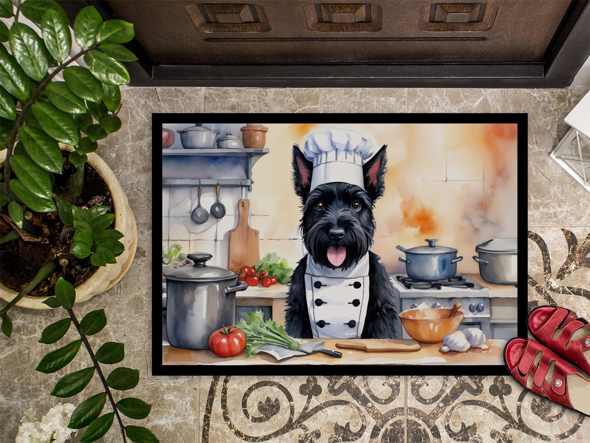 NEW Scottish Terrier The Chef Doormat Front Door Mat Indoor Outdoor Rugs for Entryway, Non Slip Washable Low Pile, 18H X 27W