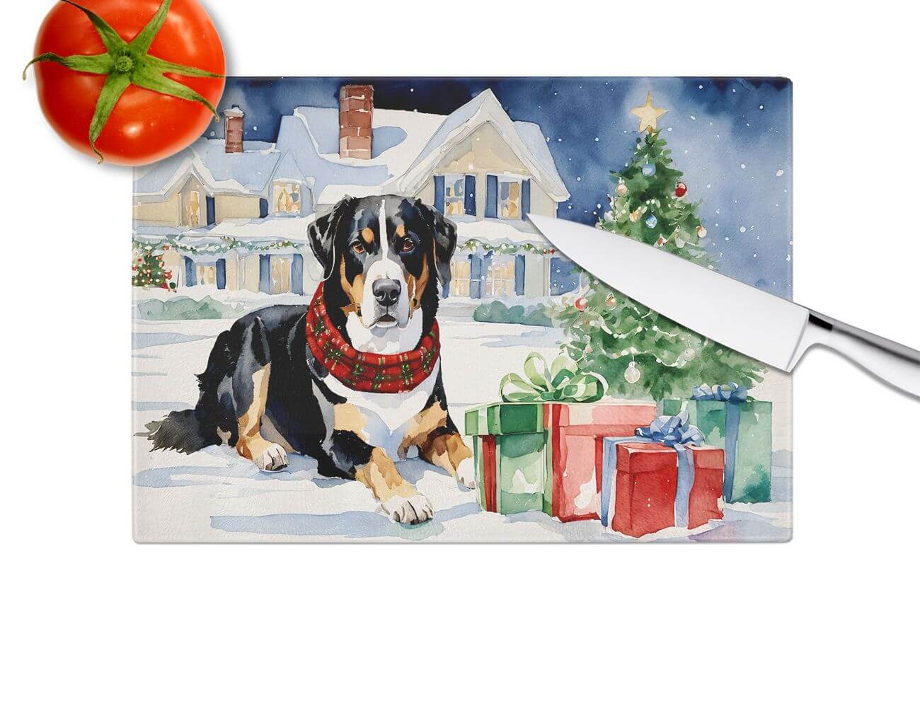 NEW Entlebucher Mountain Dog Cozy Christmas Glass Cutting Board Decorative Tempered Glass Kitchen Cutting and Serving Board Large Size Chopping Board