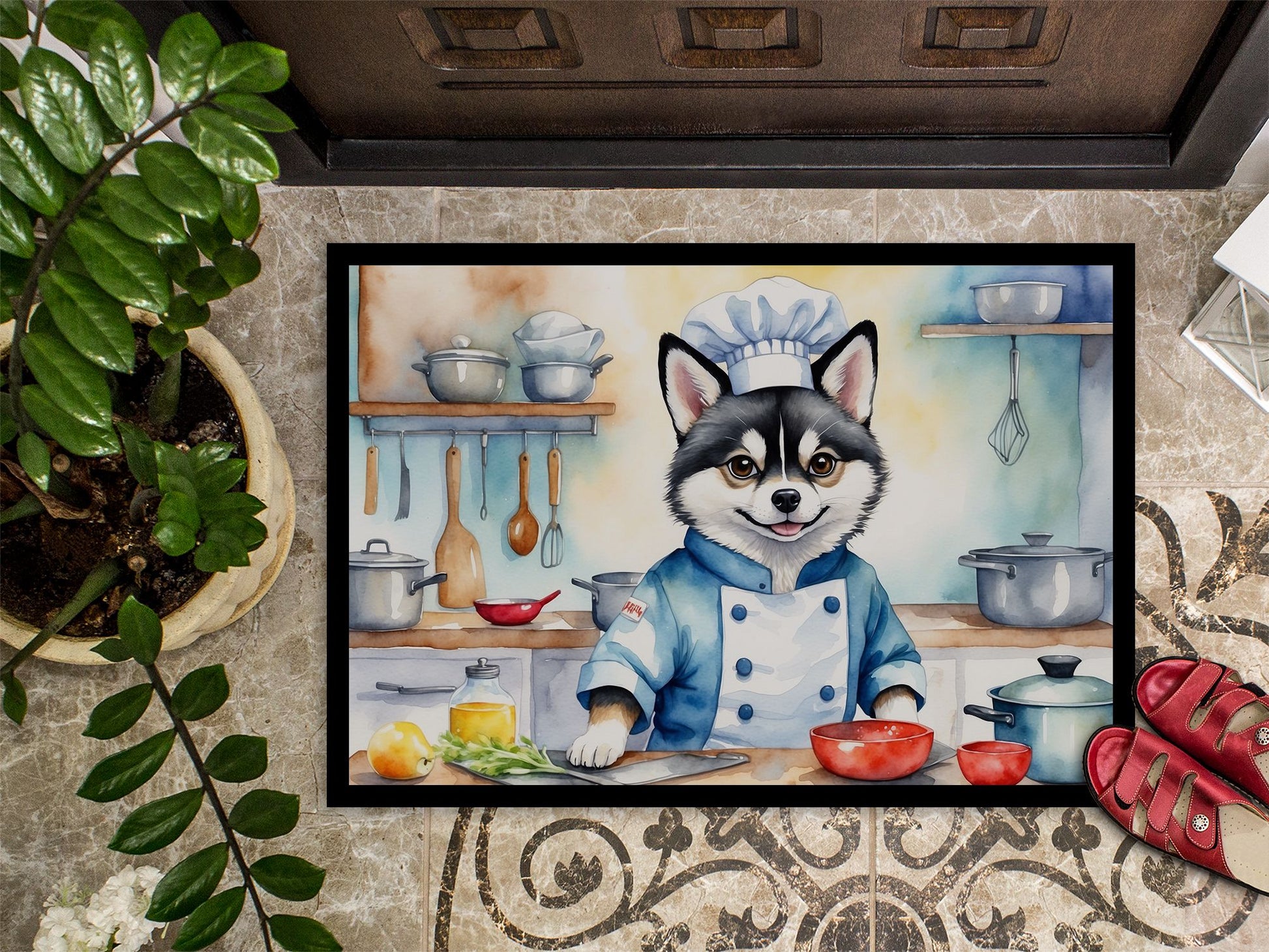 Alaskan Klee Kai The Chef Doormat Front Door Mat Indoor Outdoor Rugs for Entryway, Non Slip Washable Low Pile, 24H X 36W