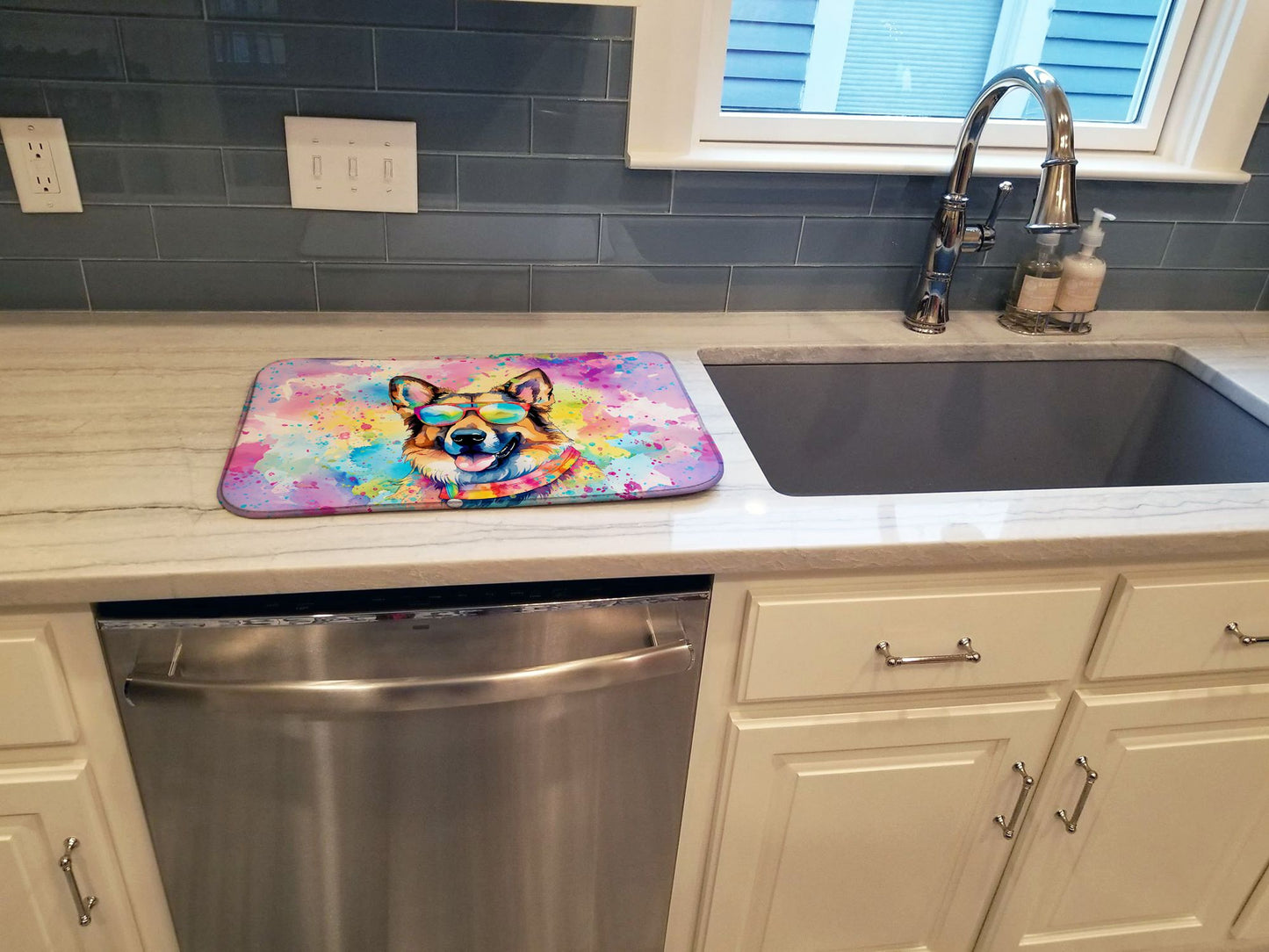 German Shepherd Hippie Dawg Dish Drying Mat Absorbent Dish Drying Mat Pad for Kitchen Counter Dish Drainer Mat for Countertop, 14 x 21", Multicolor