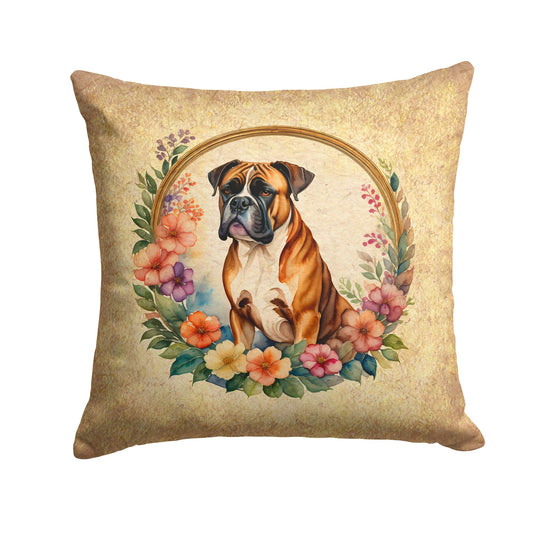Boxer and Flowers Throw Pillow Machine Washable, Indoor Outdoor Decorative Pillow for Couch, Bed or Patio, 14Hx14W