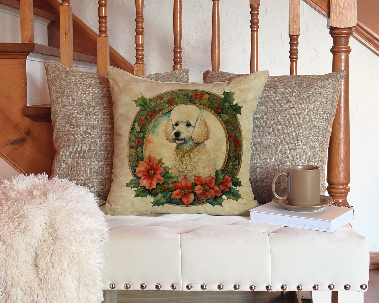 Poodle Christmas Flowers Throw Pillow Machine Washable, Indoor Outdoor Decorative Pillow for Couch, Bed or Patio, 14Hx14W