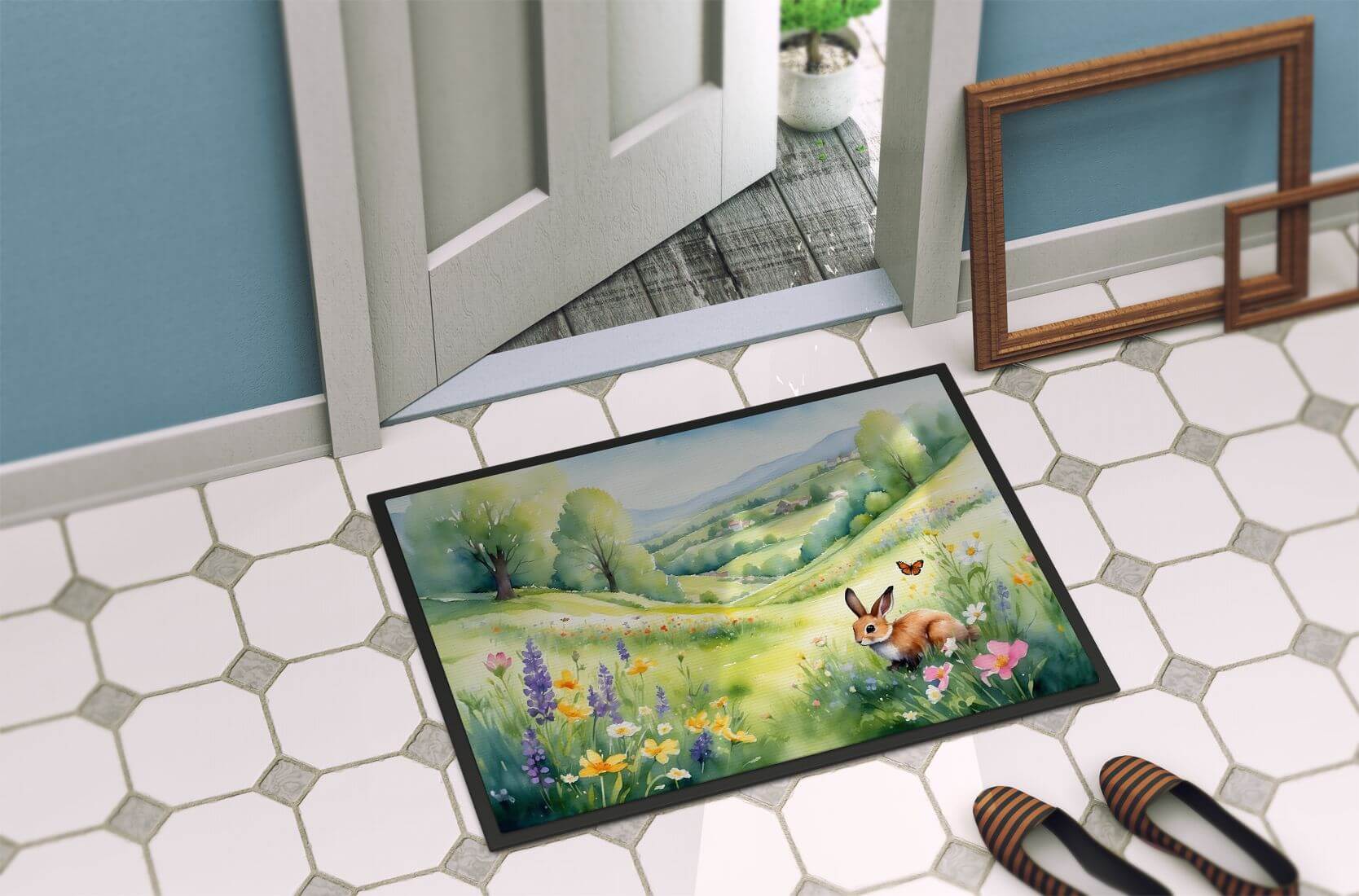 Rabbit Springtime Meadow Doormat Front Door Mat Indoor Outdoor Rugs for Entryway, Non Slip Washable Low Pile, 24H X 36W