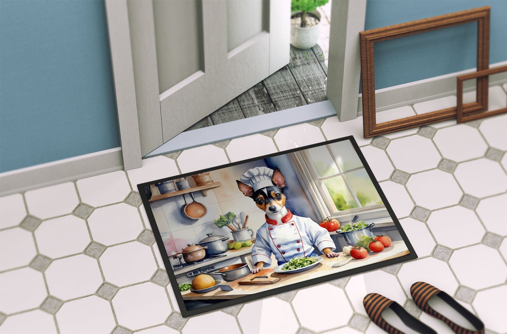 Rat Terrier The Chef Doormat Front Door Mat Indoor Outdoor Rugs for Entryway, Non Slip Washable Low Pile, 24H X 36W