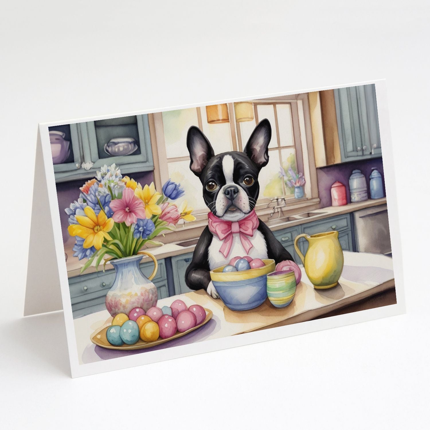 Decorating Easter Boston Terrier Greeting Cards Pack of 8 Blank Cards with Envelopes Whimsical A7 Size 5x7 Blank Note Cards