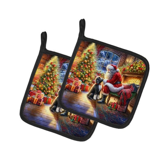 Portuguese Water Dog and Santa Claus Pair of Pot Holders Kitchen Heat Resistant Pot Holders Sets Oven Hot Pads for Cooking Baking BBQ, 7 1/2 x 7 1/2