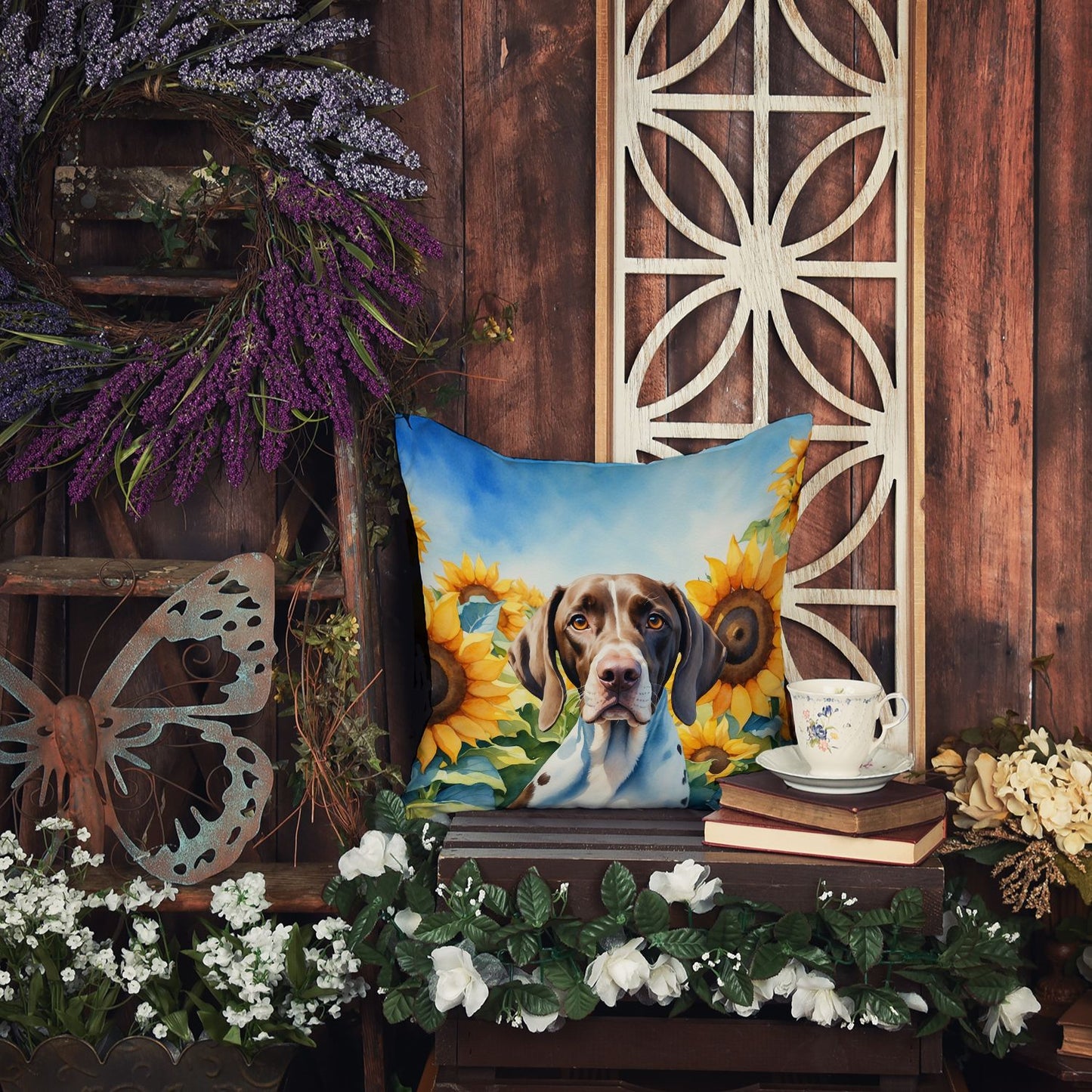 Pointer in Sunflowers Throw Pillow Machine Washable, Indoor Outdoor Decorative Pillow for Couch, Bed or Patio, 18Hx18W