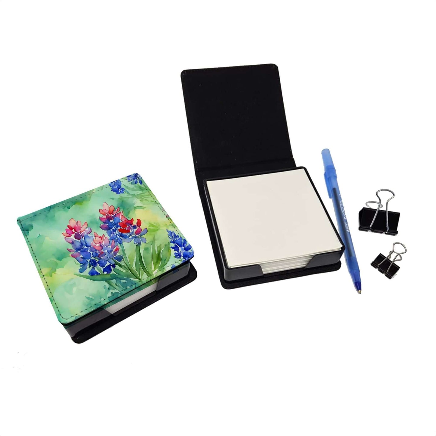 Texas Bluebonnets in Watercolor PU Leather Note Paper Holder with Artist-Designed Cover, Desk Accessory, Office Gift