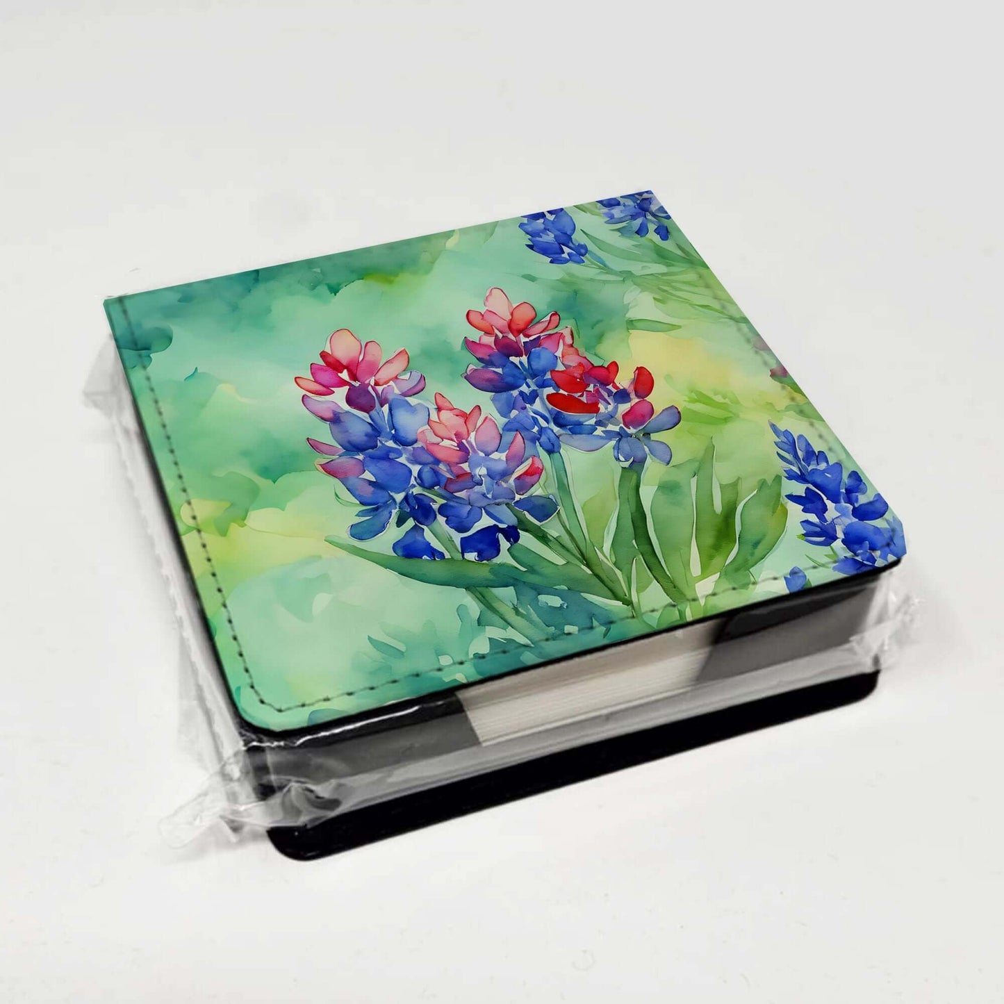 Texas Bluebonnets in Watercolor PU Leather Note Paper Holder with Artist-Designed Cover, Desk Accessory, Office Gift