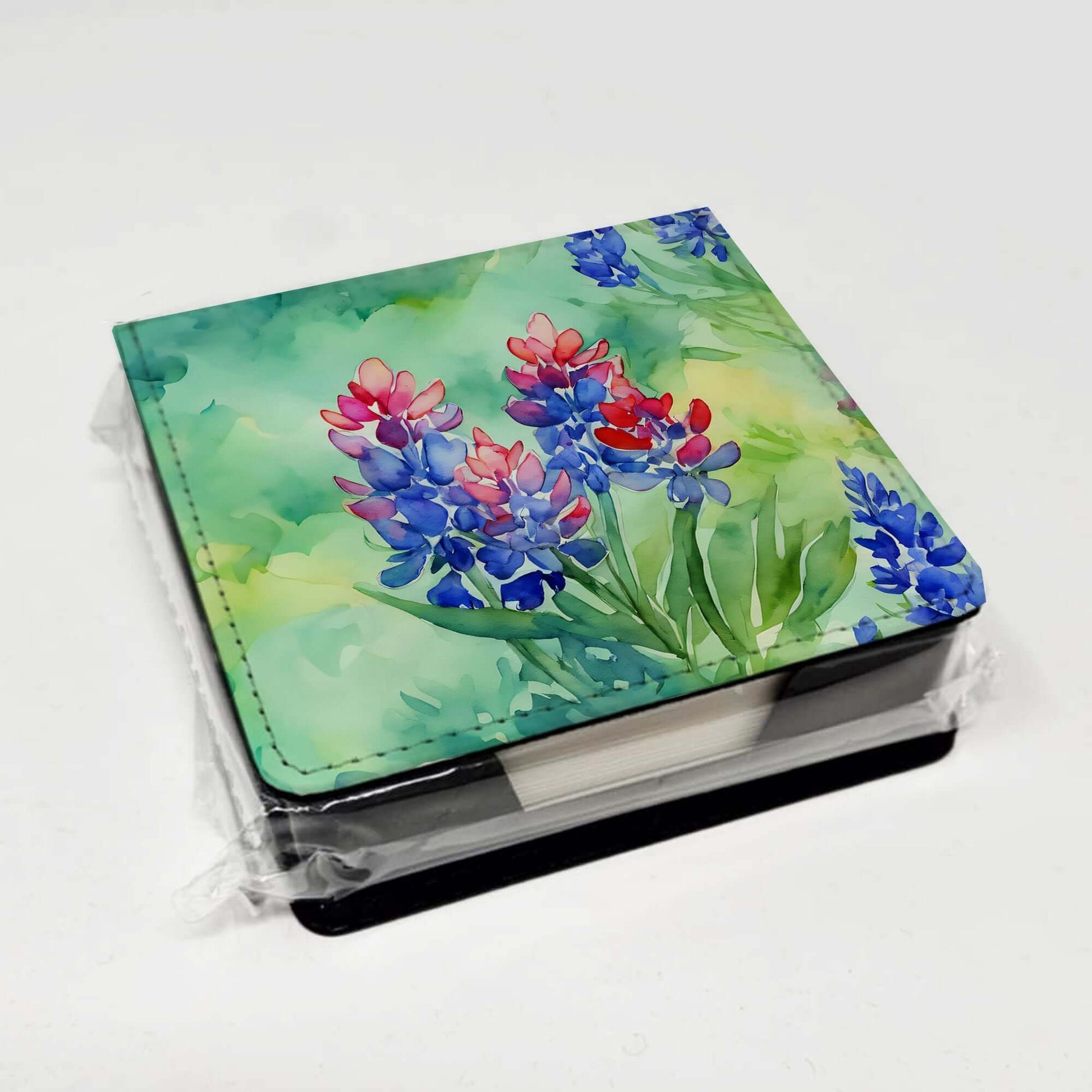 Texas Bluebonnets in Watercolor PU Leather Note Paper Holder with Artist-Designed Cover, Desk Accessory, Office Gift