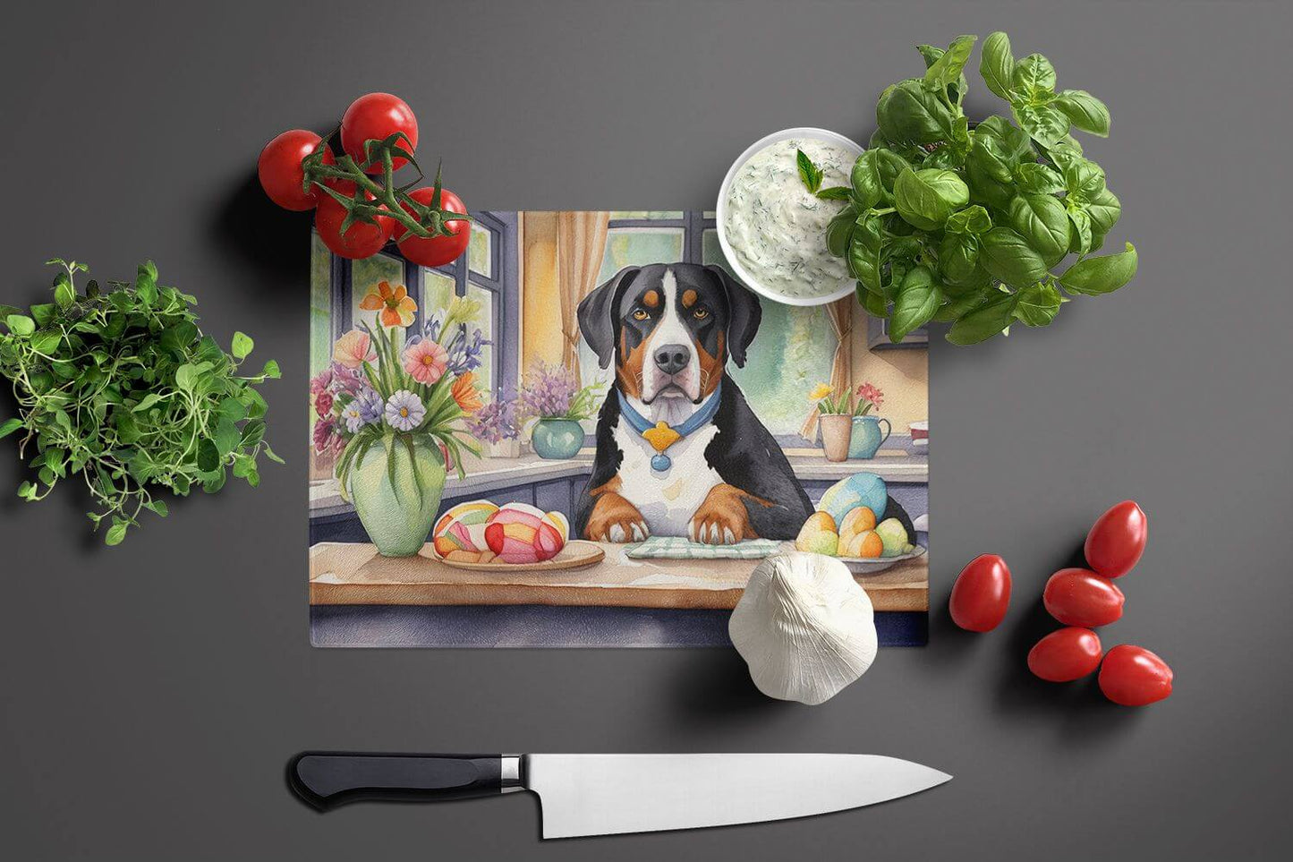 NEW Decorating Easter Greater Swiss Mountain Dog Glass Cutting Board Decorative Tempered Glass Kitchen Cutting and Serving Board Large Size Chopping Board