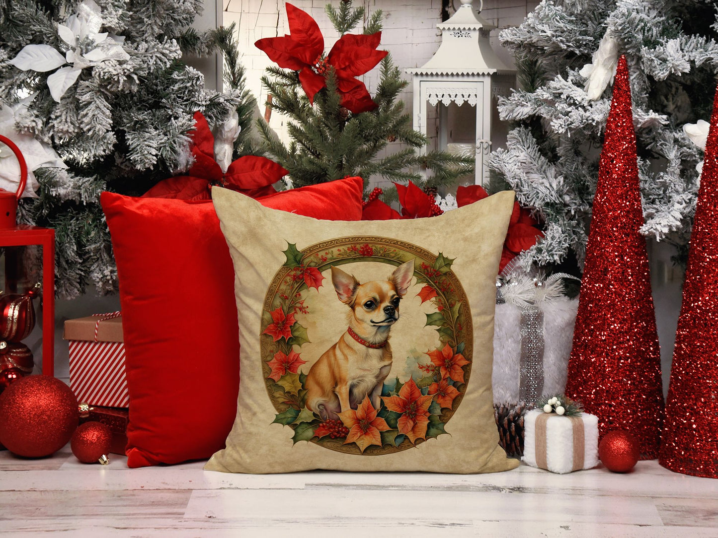 Chihuahua Christmas Flowers Throw Pillow Machine Washable, Indoor Outdoor Decorative Pillow for Couch, Bed or Patio, 14Hx14W