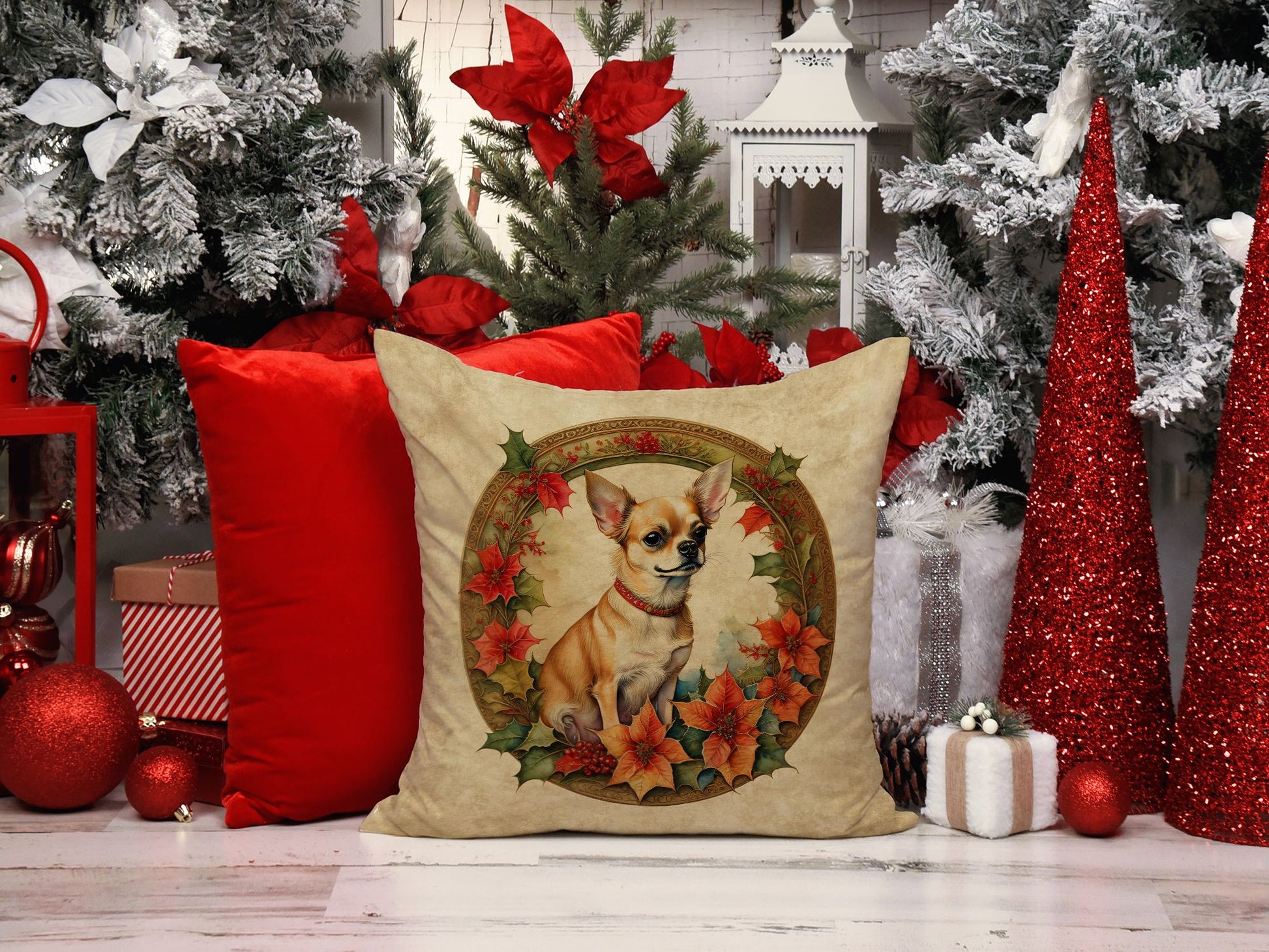 Chihuahua Christmas Flowers Throw Pillow Machine Washable, Indoor Outdoor Decorative Pillow for Couch, Bed or Patio, 14Hx14W