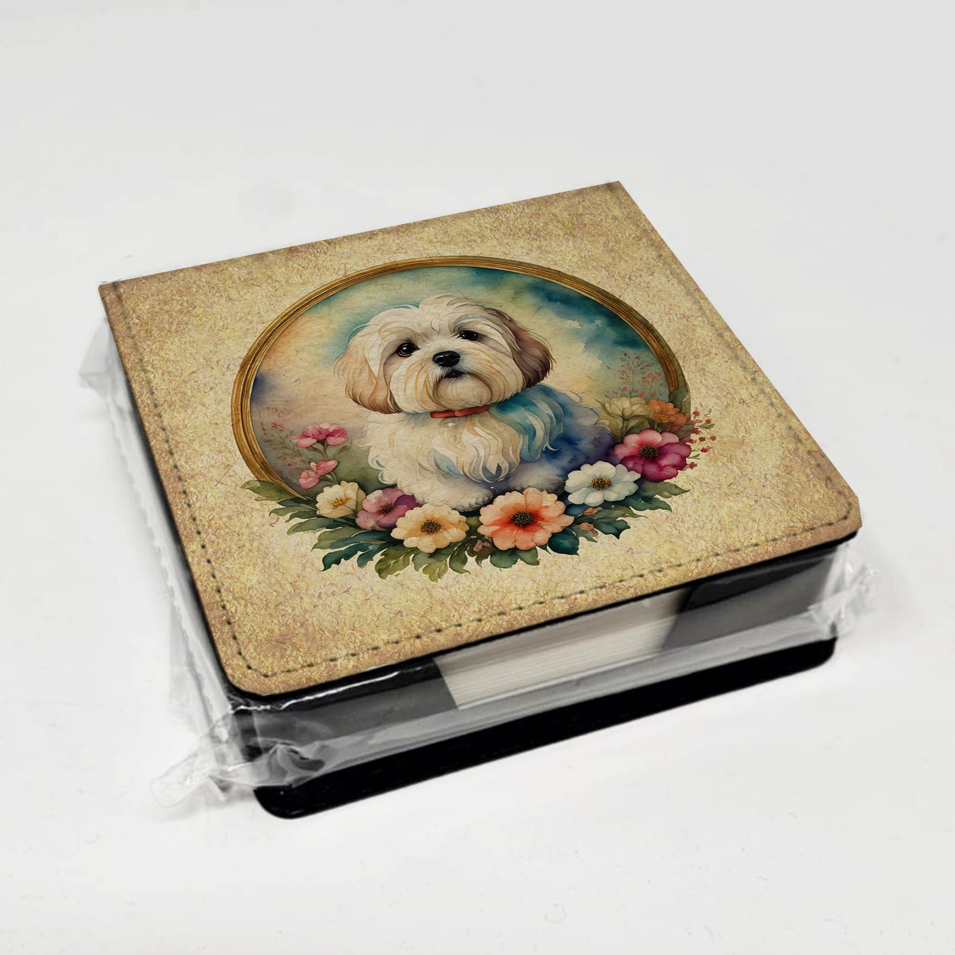 Coton De Tulear and Flowers PU Leather Note Paper Holder with Artist-Designed Cover, Desk Accessory, Office Gift