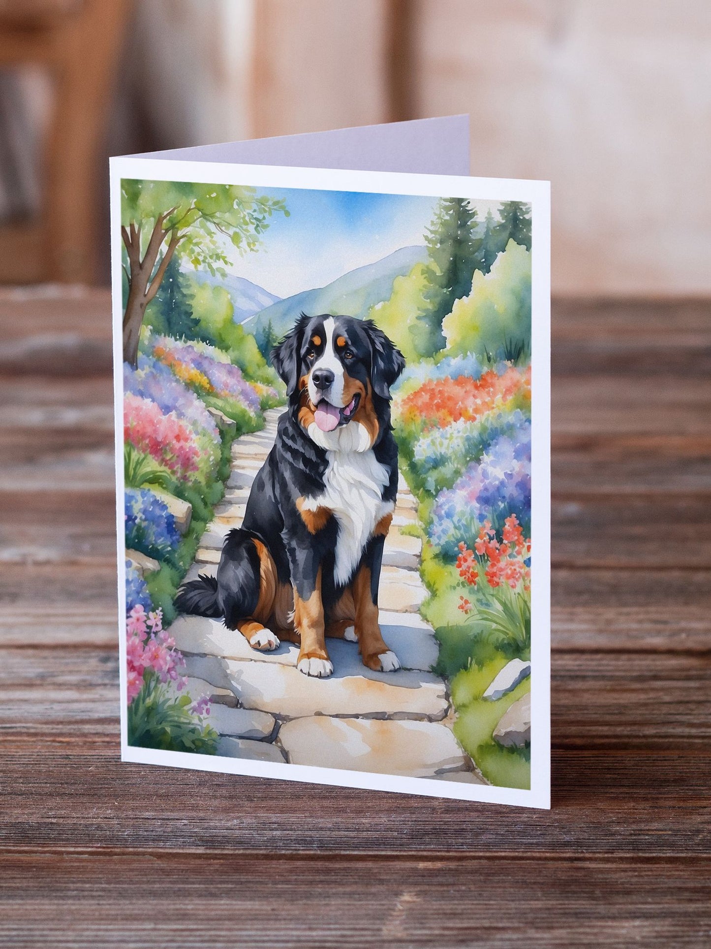 Bernese Mountain Dog Spring Path Greeting Cards Pack of 8 Blank Cards with Envelopes Whimsical A7 Size 5x7 Blank Note Cards