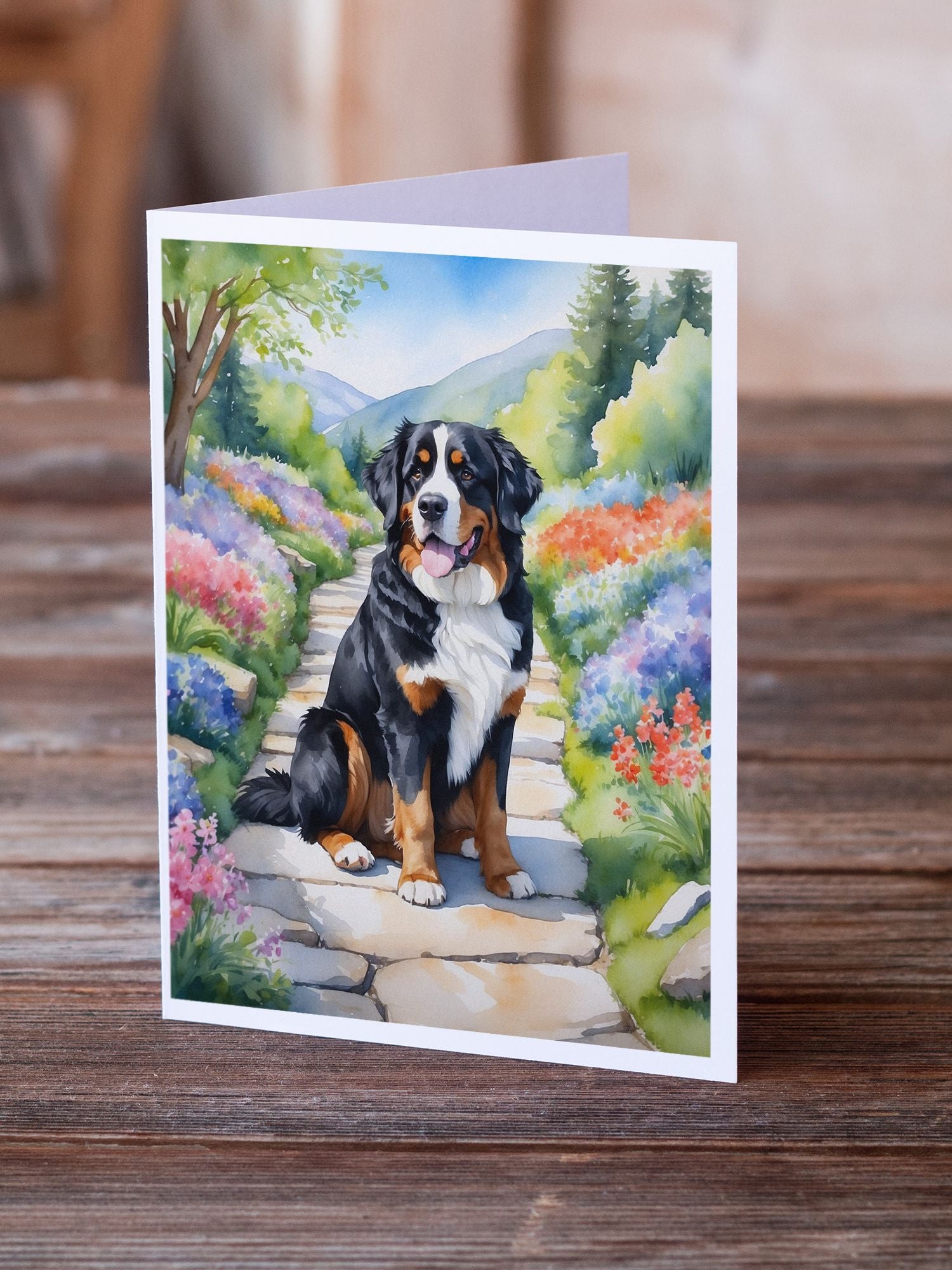 Bernese Mountain Dog Spring Path Greeting Cards Pack of 8 Blank Cards with Envelopes Whimsical A7 Size 5x7 Blank Note Cards
