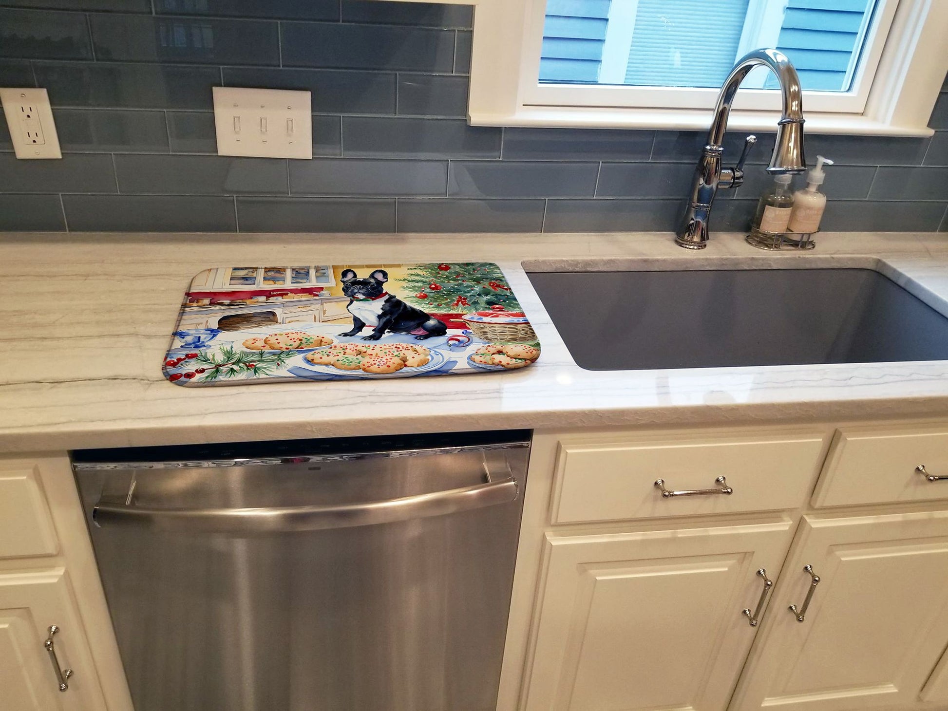 French Bulldog Christmas Cookies Dish Drying Mat Absorbent Dish Drying Mat Pad for Kitchen Counter Dish Drainer Mat for Countertop, 14 x 21", Multicolor