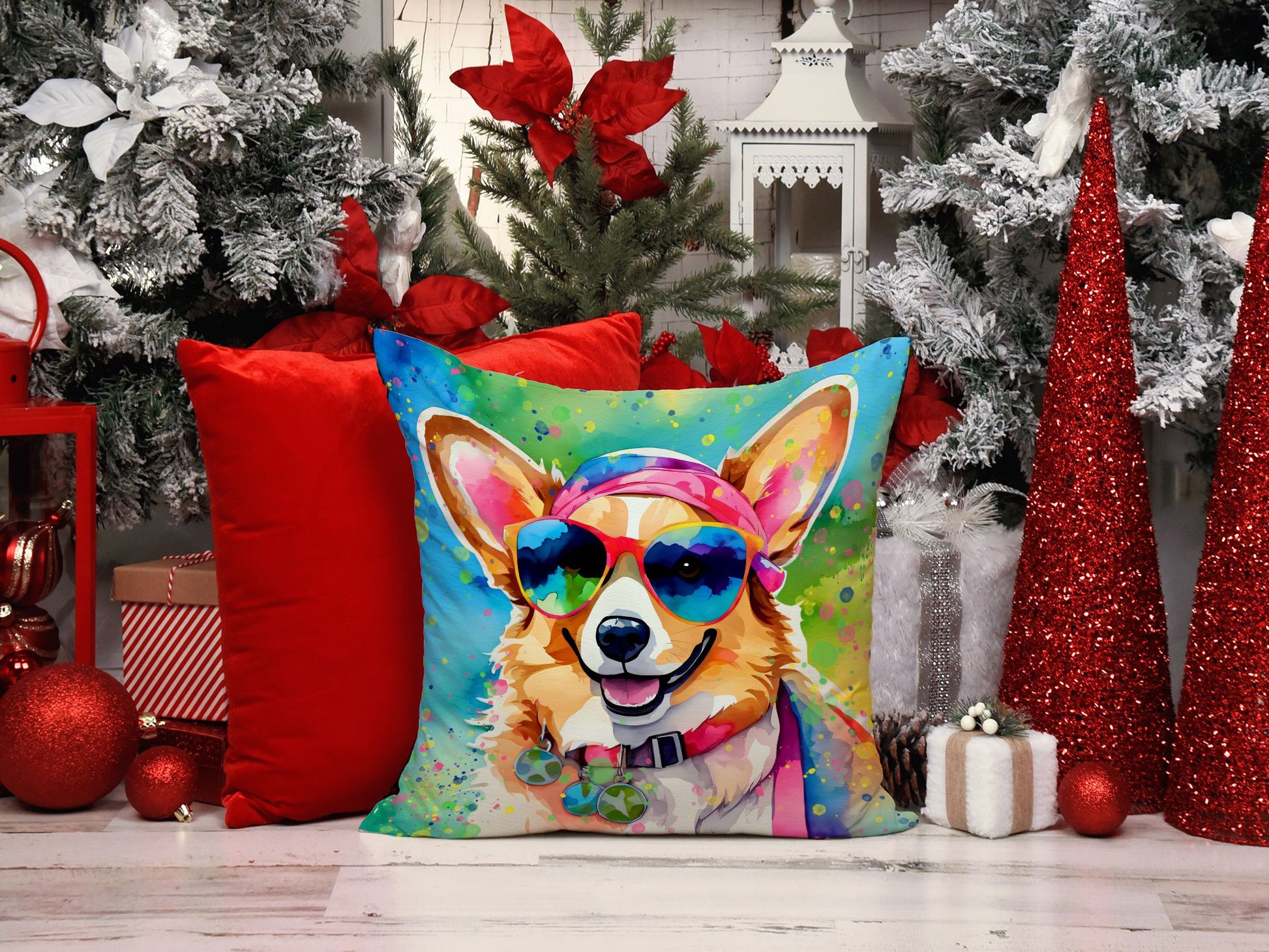 Corgi Hippie Dawg Throw Pillow Machine Washable, Indoor Outdoor Decorative Pillow for Couch, Bed or Patio, 14Hx14W