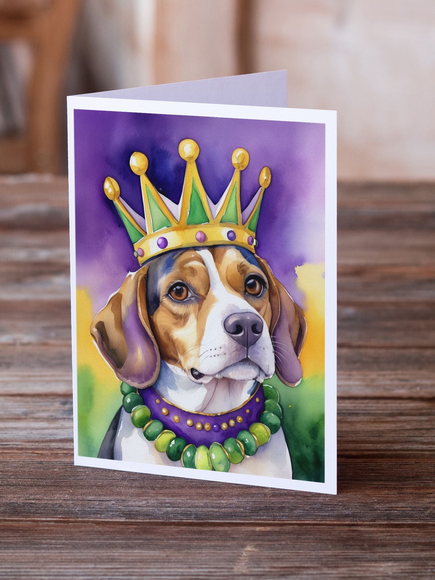 Beagle King of Mardi Gras Greeting Cards Pack of 8 Blank Cards with Envelopes Whimsical A7 Size 5x7 Blank Note Cards