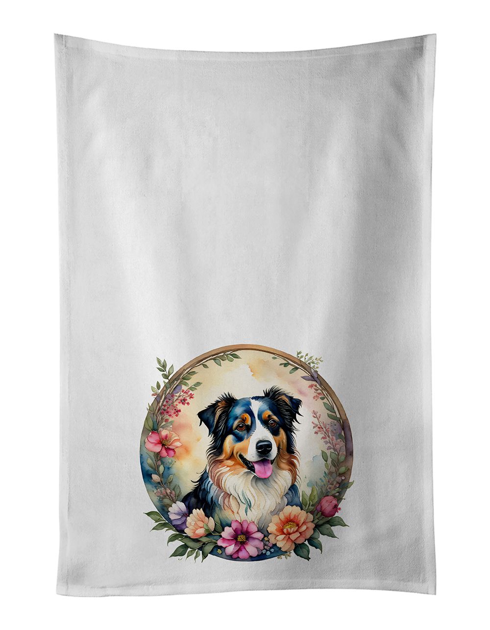 Australian Shepherd and Flowers Kitchen Towel Set of 2 White Dish Towels Decorative Bathroom Hand towel for Hand, Face, Hair, Yoga, Tea, Dishcloth, 19 X 28", White