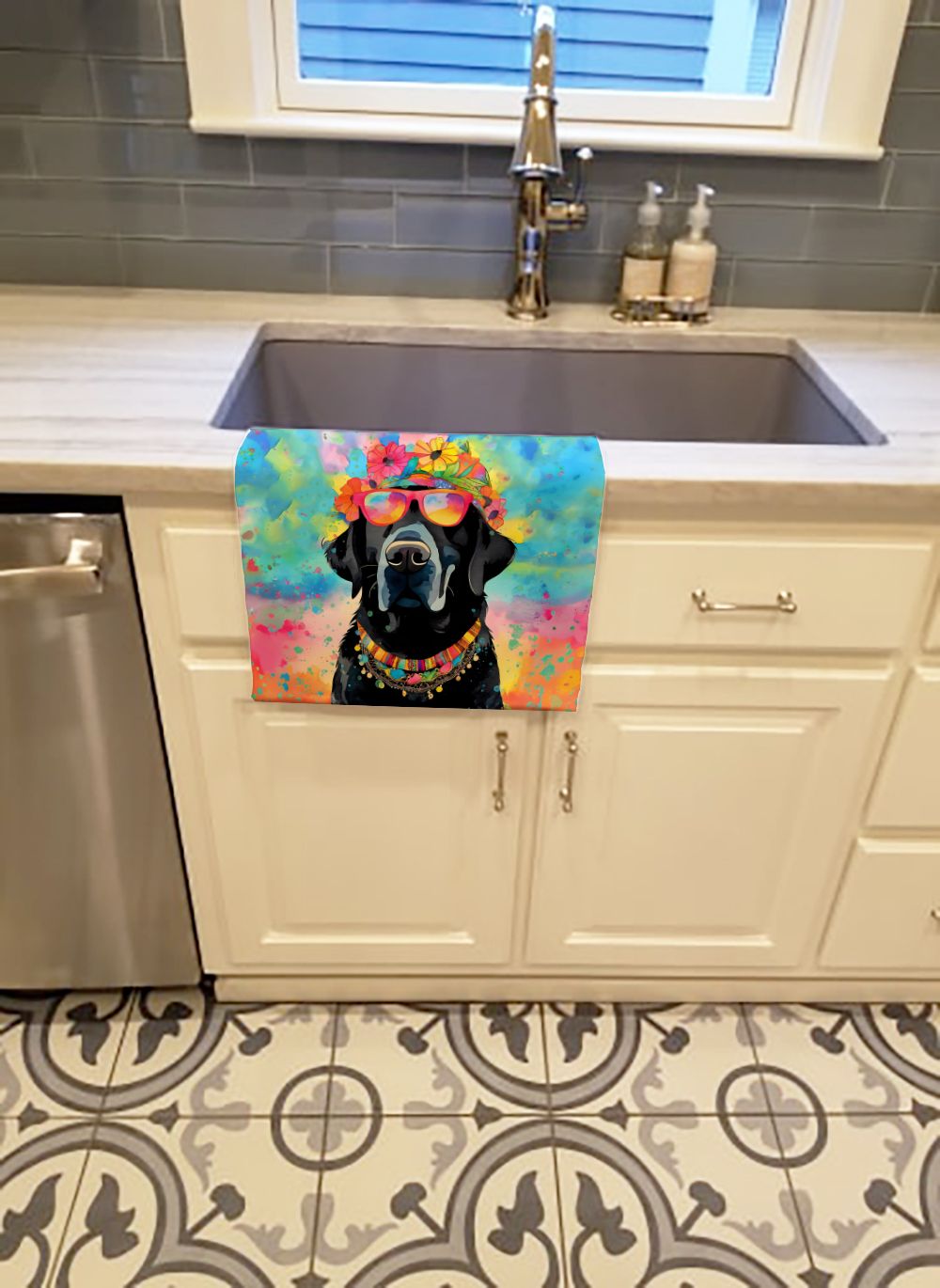 Black Labrador Hippie Dawg Kitchen Towel Dish Cloths Guest Hand Towel Decorative Bathroom Towel for Face,Tea, Dishcloth, Kitchen and Bath