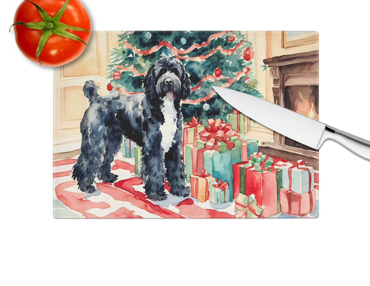 NEW Portuguese Water Dog Cozy Christmas Glass Cutting Board Decorative Tempered Glass Kitchen Cutting and Serving Board Large Size Chopping Board