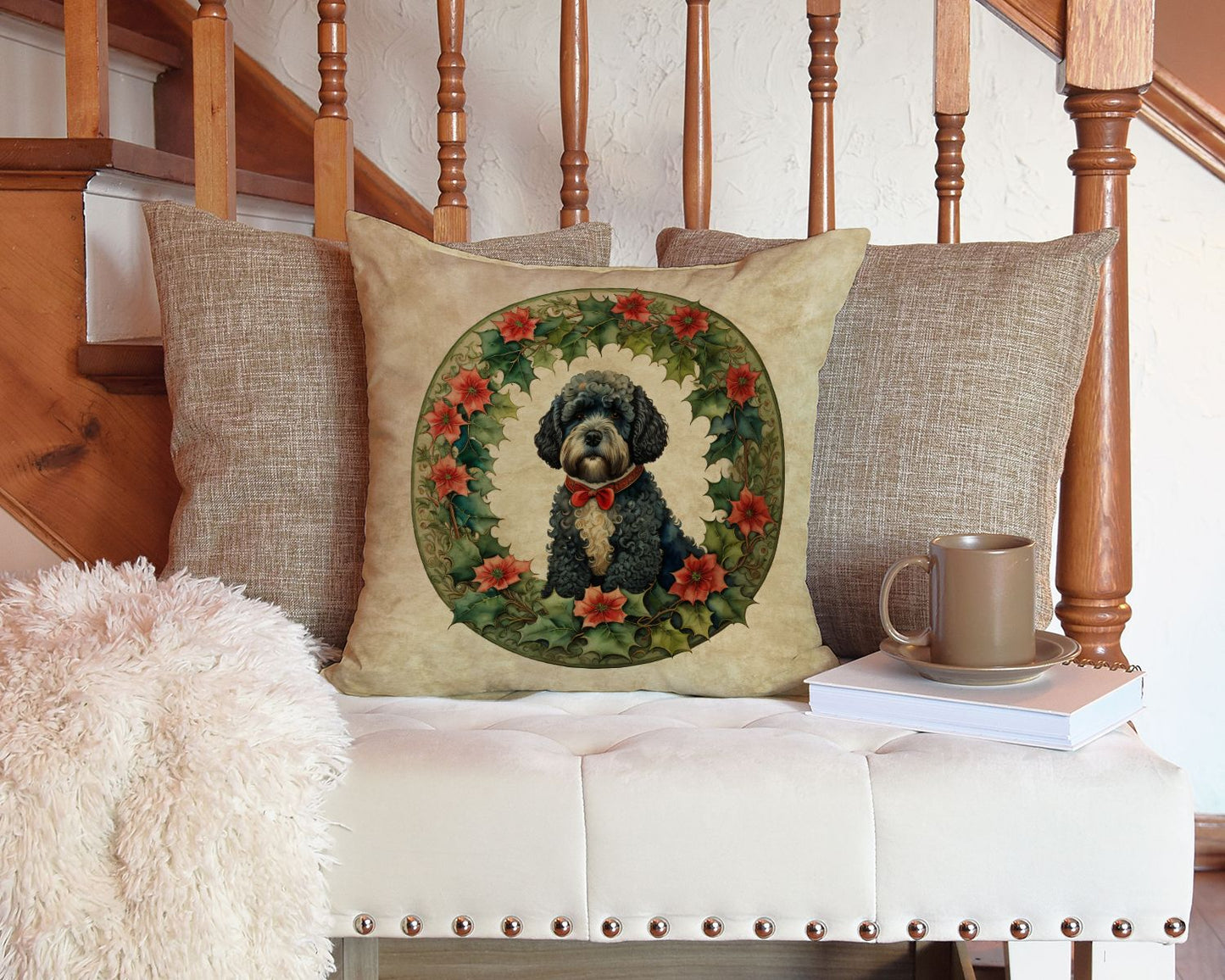 Portuguese Water Dog Christmas Flowers Throw Pillow Machine Washable, Indoor Outdoor Decorative Pillow for Couch, Bed or Patio, 14Hx14W