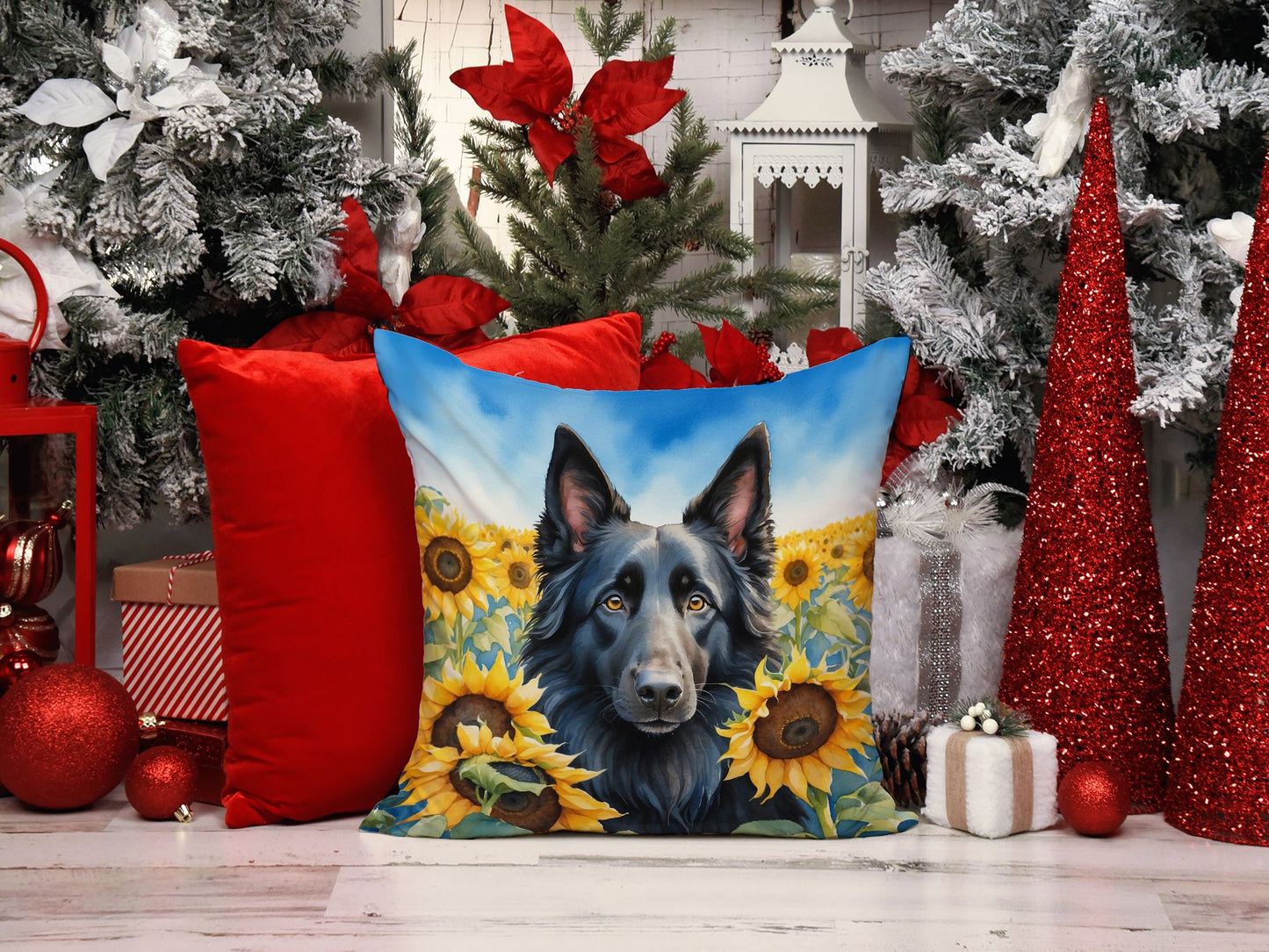 Belgian Sheepdog in Sunflowers Throw Pillow Machine Washable, Indoor Outdoor Decorative Pillow for Couch, Bed or Patio, 14Hx14W