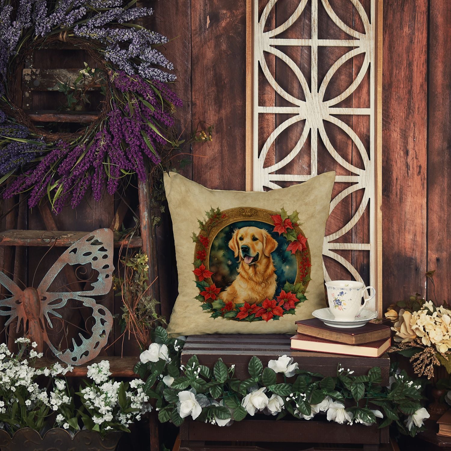 Golden Retriever Christmas Flowers Throw Pillow Machine Washable, Indoor Outdoor Decorative Pillow for Couch, Bed or Patio, 14Hx14W