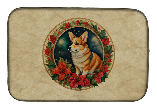 Corgi Christmas Flowers Dish Drying Mat Absorbent Dish Drying Mat Pad for Kitchen Counter Dish Drainer Mat for Countertop, 14 x 21", Multicolor
