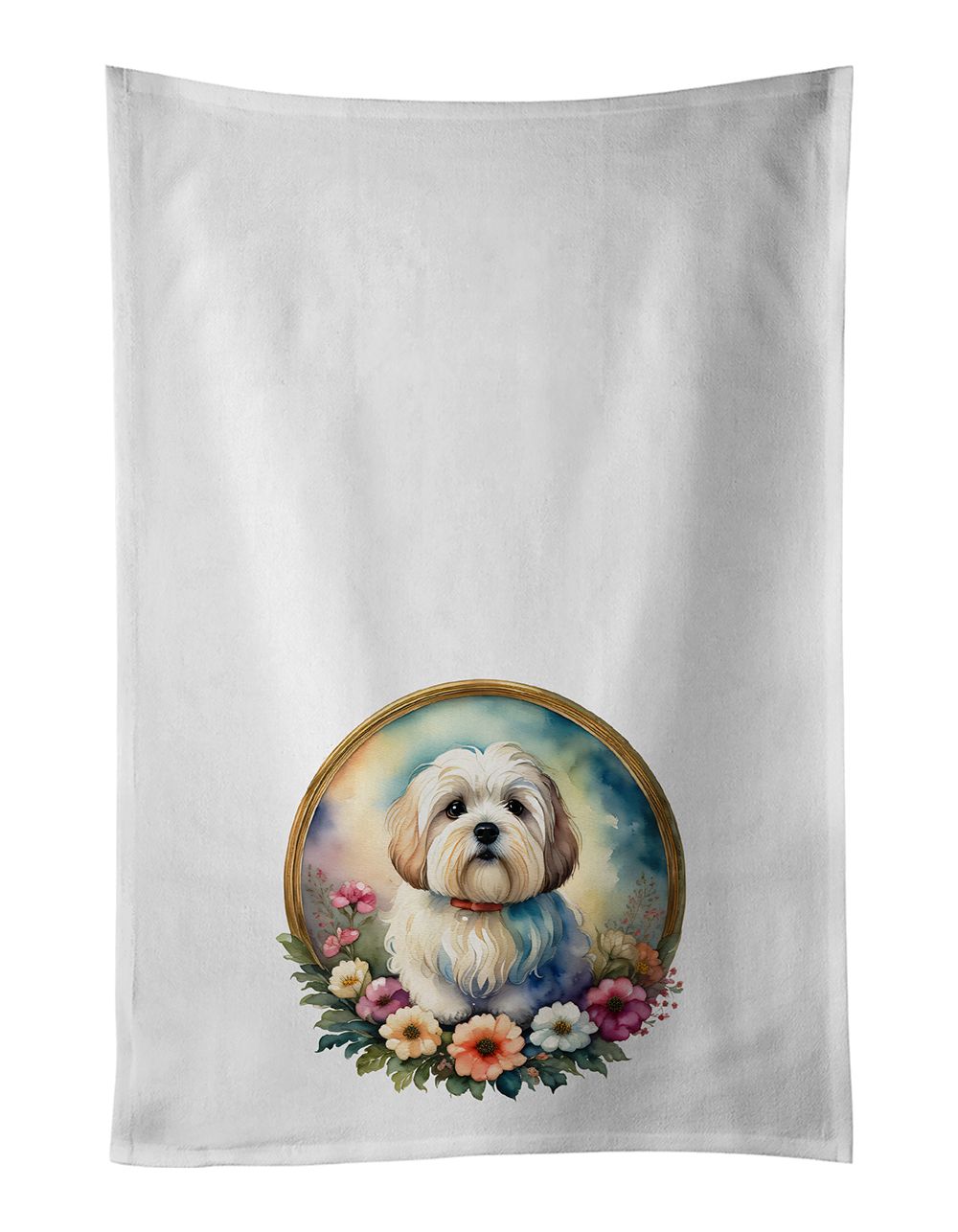 Coton De Tulear and Flowers Kitchen Towel Set of 2 White Dish Towels Decorative Bathroom Hand towel for Hand, Face, Hair, Yoga, Tea, Dishcloth, 19 X 28", White