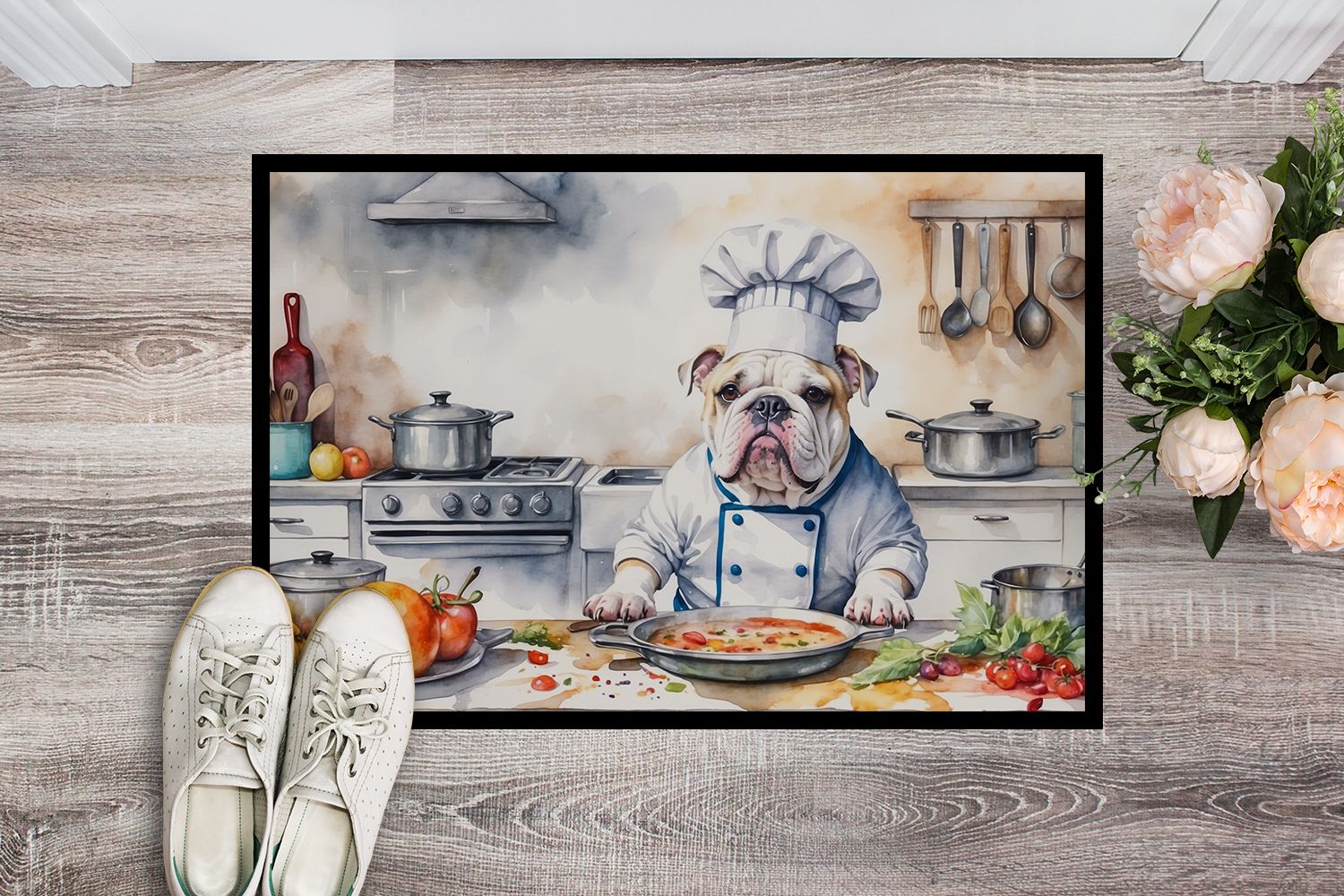 NEW English Bulldog The Chef Doormat Front Door Mat Indoor Outdoor Rugs for Entryway, Non Slip Washable Low Pile, 18H X 27W
