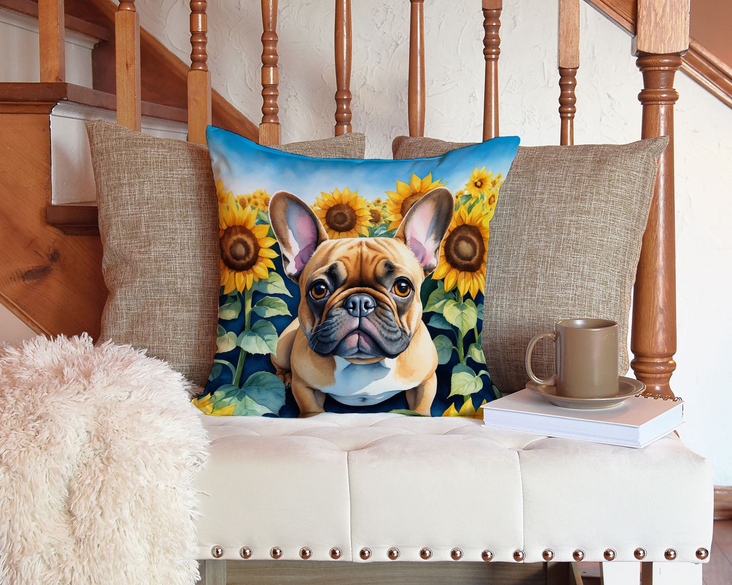 French Bulldog in Sunflowers Throw Pillow Machine Washable, Indoor Outdoor Decorative Pillow for Couch, Bed or Patio, 14Hx14W