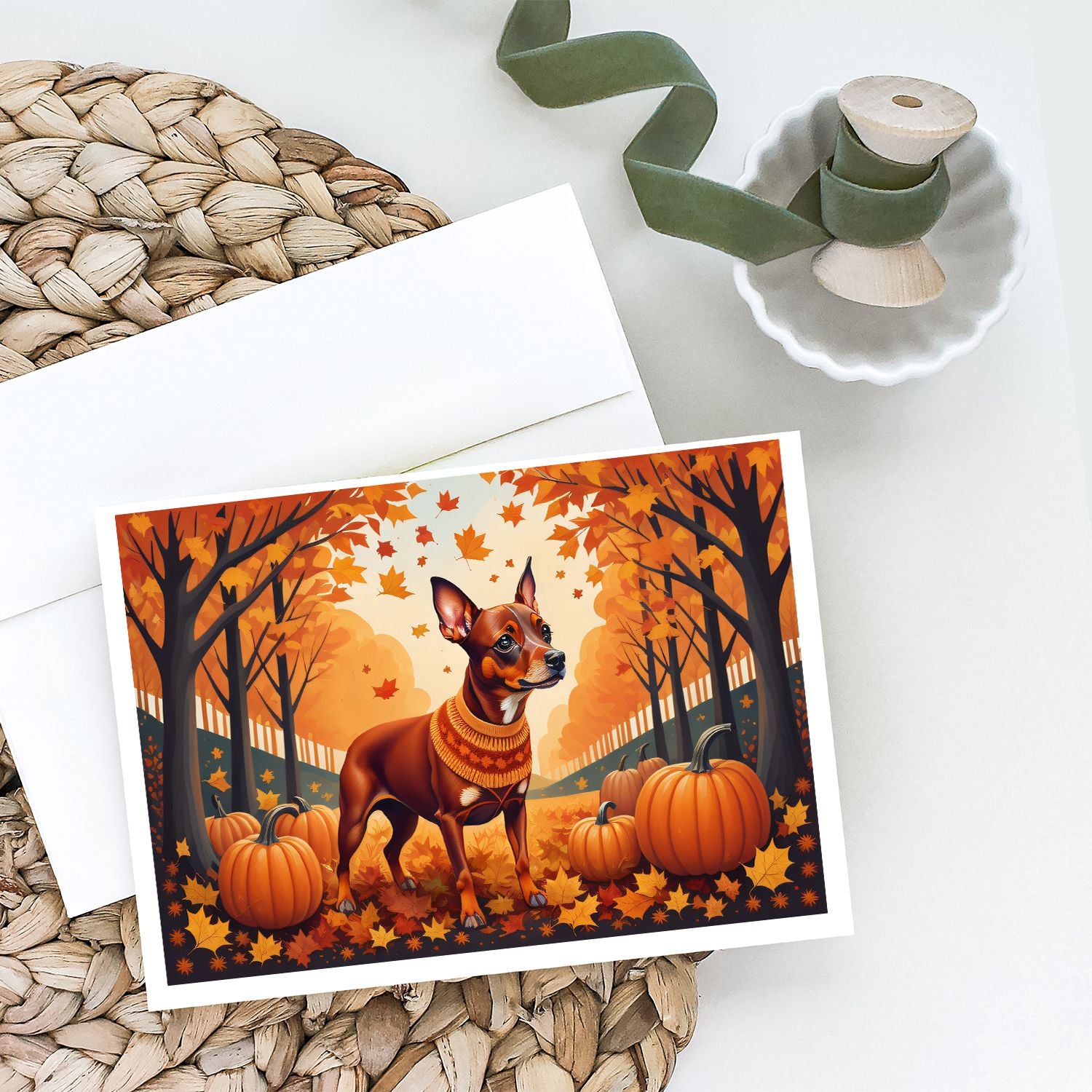 Red Miniature Pinscher Fall Greeting Cards Pack of 8 Blank Cards with Envelopes Whimsical A7 Size 5x7 Blank Note Cards