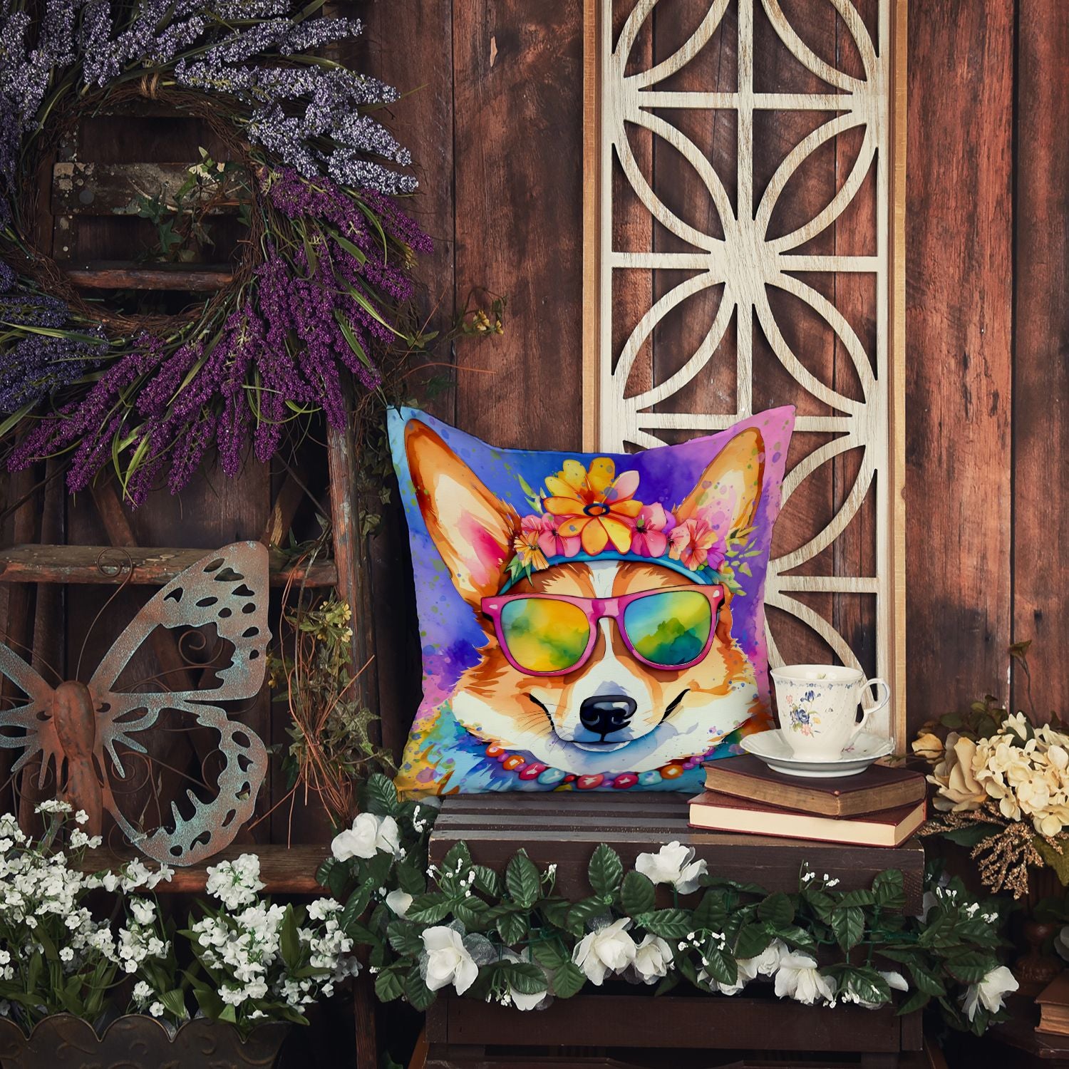 Corgi Hippie Dawg Throw Pillow Machine Washable, Indoor Outdoor Decorative Pillow for Couch, Bed or Patio, 14Hx14W