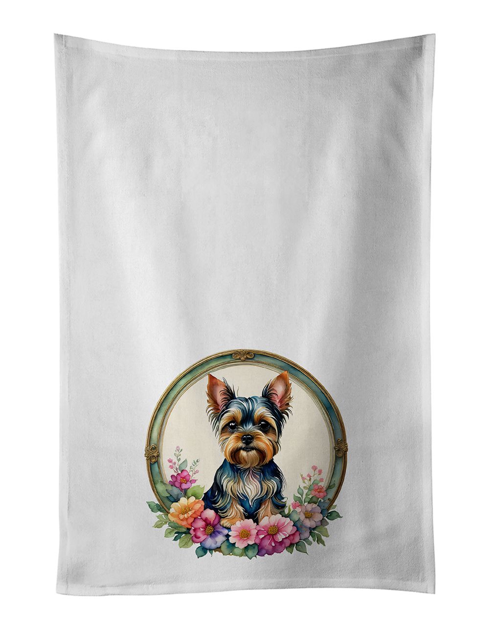 Yorkshire Terrier and Flowers Kitchen Towel Set of 2 White Dish Towels Decorative Bathroom Hand towel for Hand, Face, Hair, Yoga, Tea, Dishcloth, 19 X 28", White