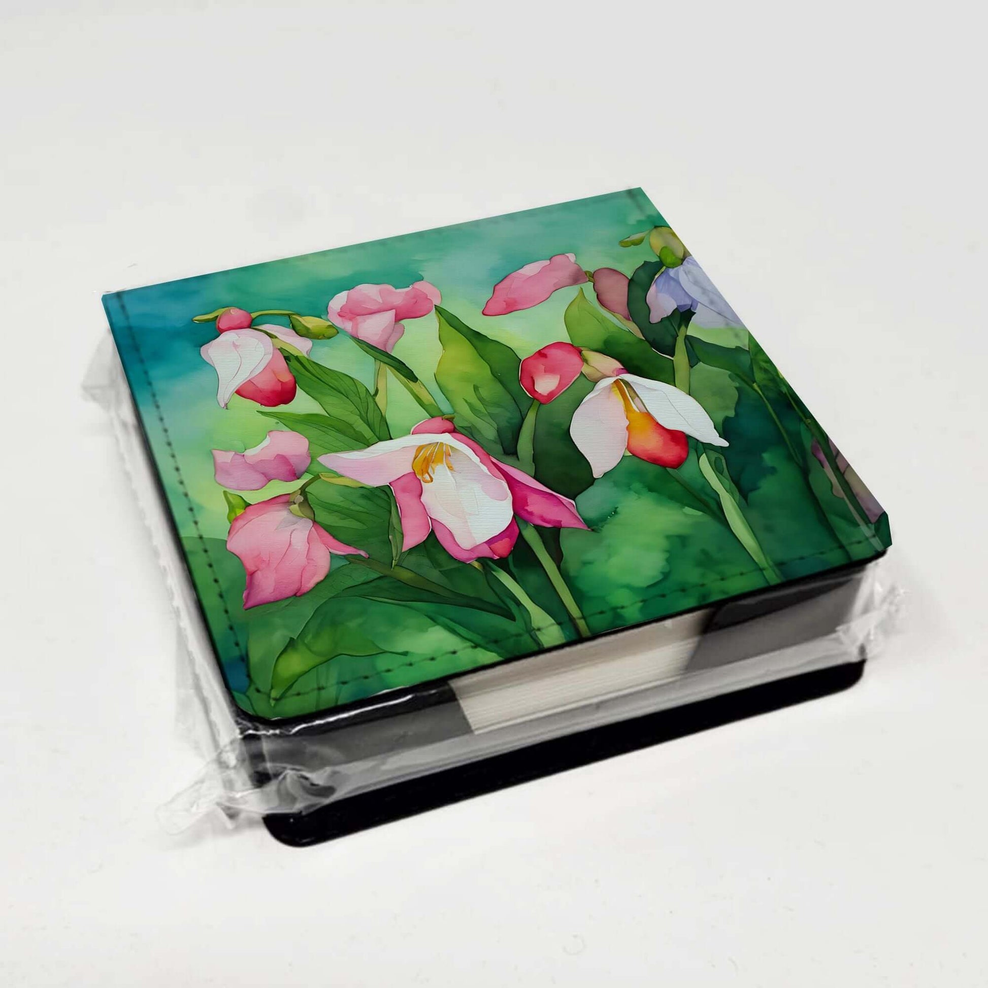 Minnesota Pink and White Lady's Slippers in Watercolor PU Leather Note Paper Holder with Artist-Designed Cover, Desk Accessory, Office Gift