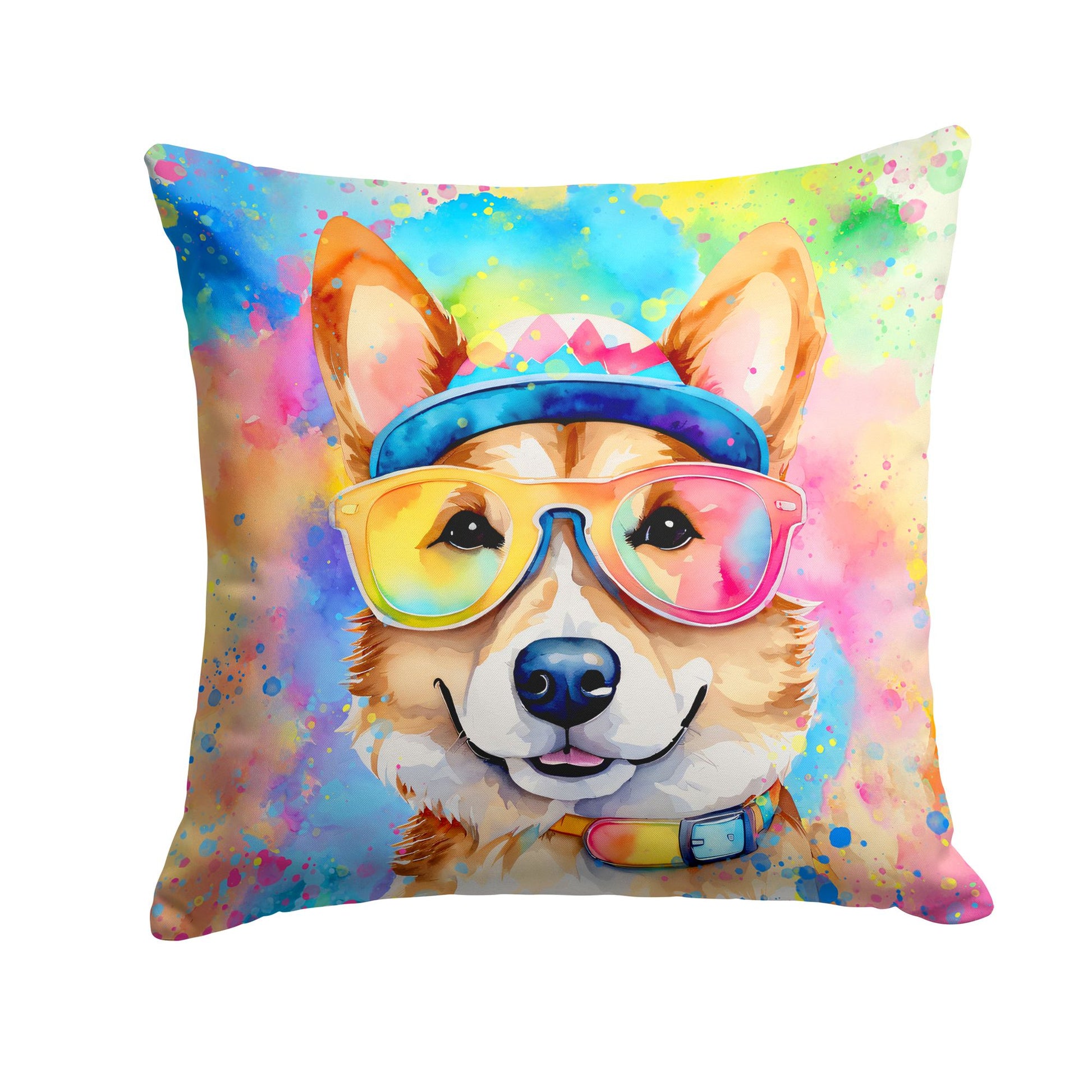 Corgi Hippie Dawg Throw Pillow Machine Washable, Indoor Outdoor Decorative Pillow for Couch, Bed or Patio, 14Hx14W