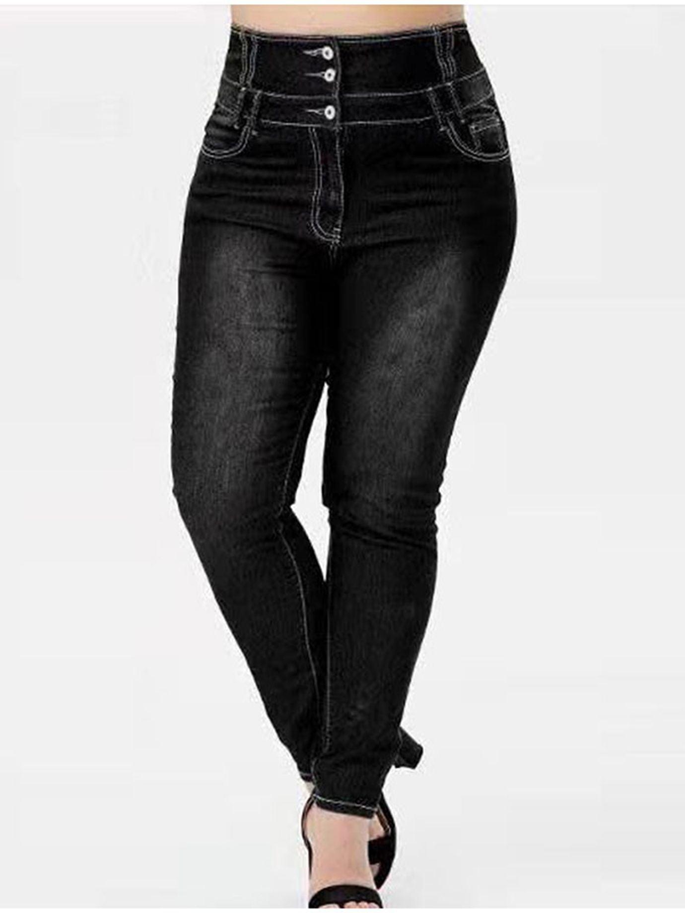 Plus Size High Rise Button Fly Skinny Jeans; Women's Plus Medium Stretch Skinny Pants