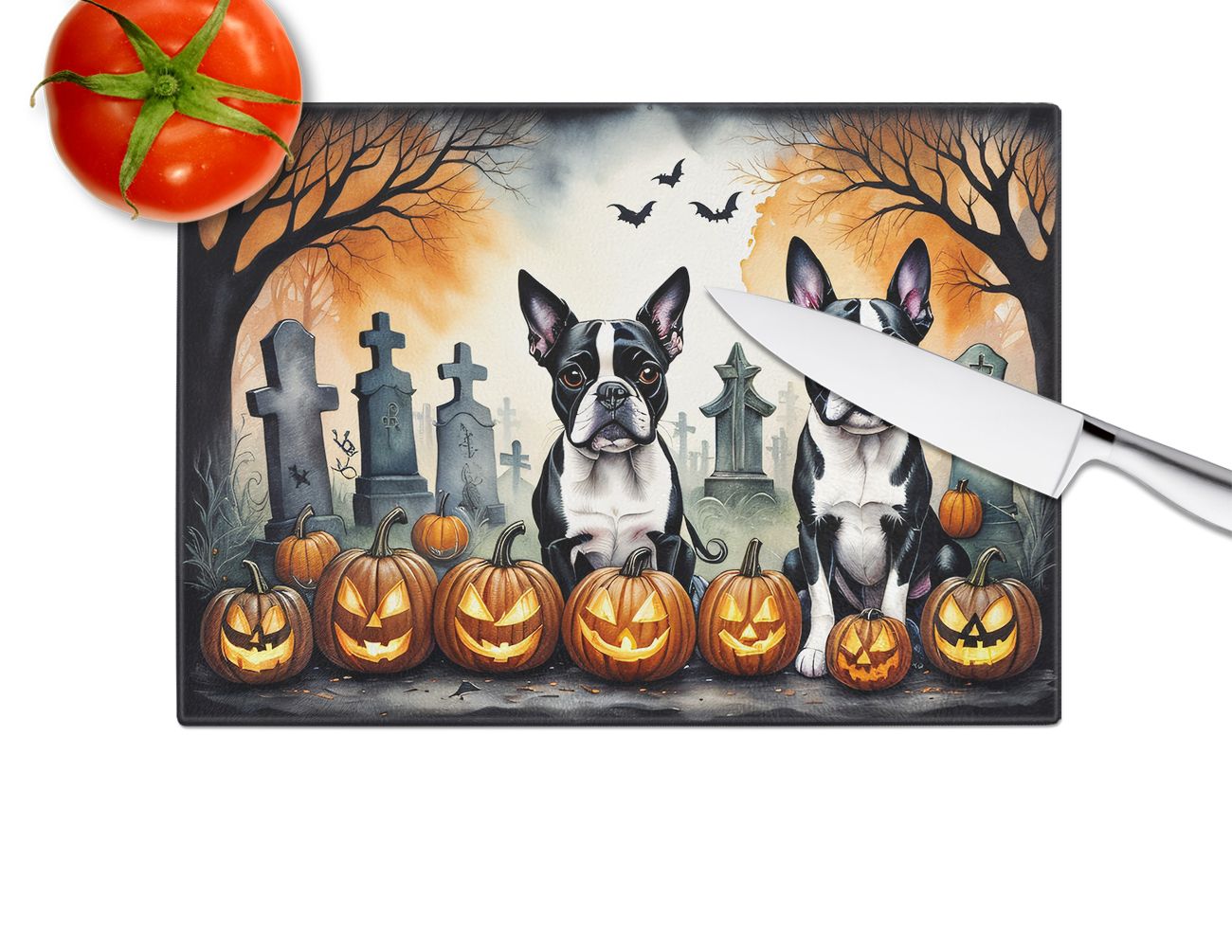 NEW Boston Terrier Spooky Halloween Glass Cutting Board Decorative Tempered Glass Kitchen Cutting and Serving Board Large Size Chopping Board