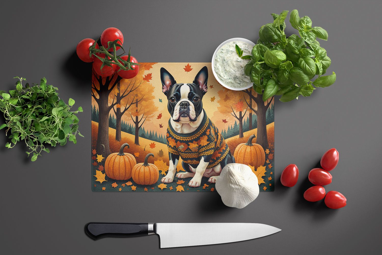 NEW Boston Terrier Fall Glass Cutting Board Decorative Tempered Glass Kitchen Cutting and Serving Board Large Size Chopping Board