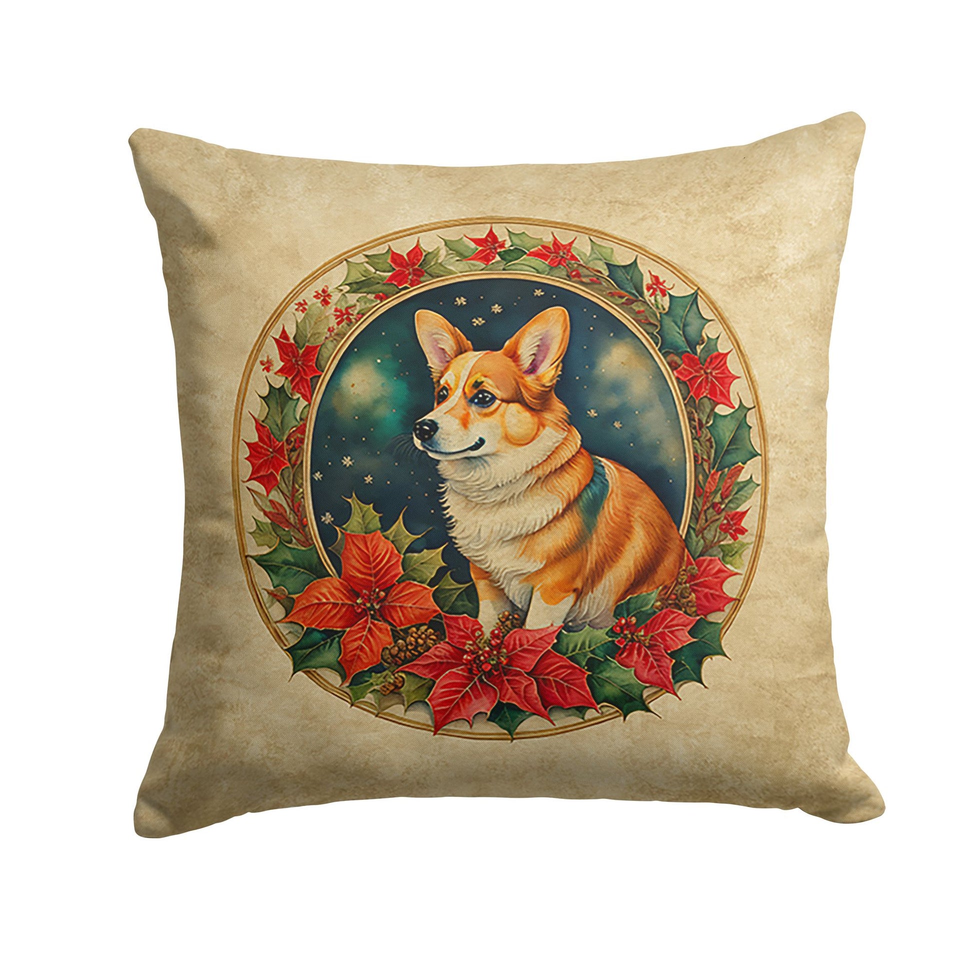 Corgi Christmas Flowers Throw Pillow Machine Washable, Indoor Outdoor Decorative Pillow for Couch, Bed or Patio, 14Hx14W