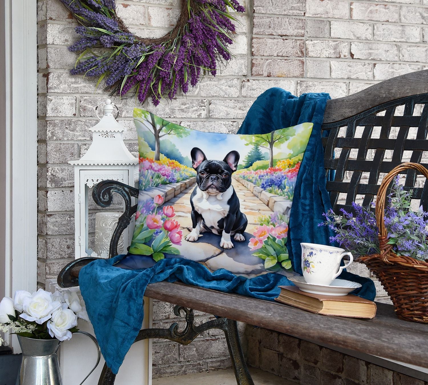 French Bulldog Spring Path Throw Pillow Machine Washable, Indoor Outdoor Decorative Pillow for Couch, Bed or Patio, 18Hx18W