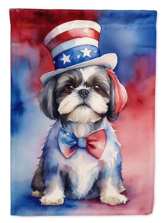 Shih Tzu Patriotic American House Flag Large Porch Sleeve Pole Decorative Outside Yard Banner Artwork Wall Hanging, Polyester, House Size, Multicolor
