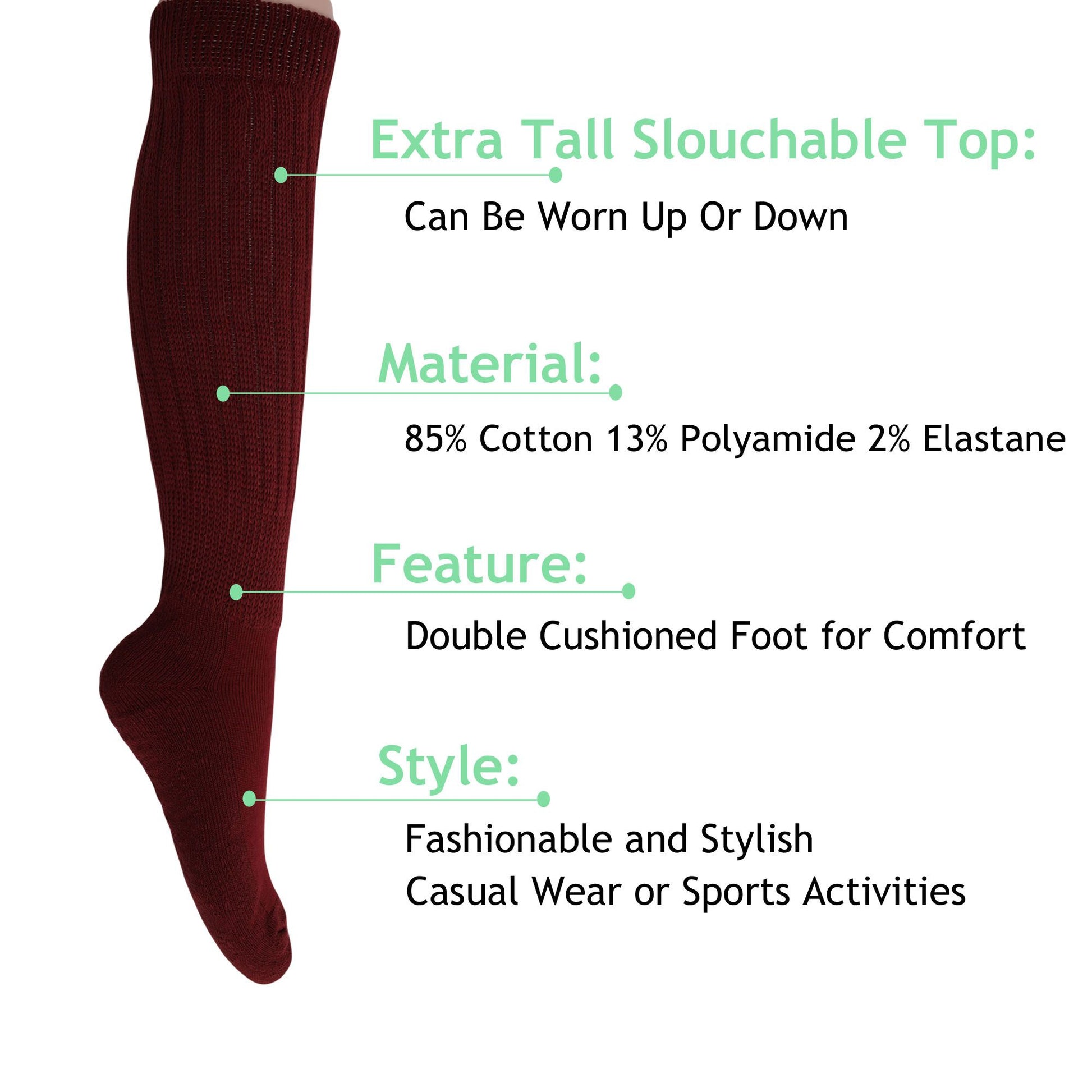 Women's Extra Long Slouch Scrunch Socks Knee High, Cotton Blend, Pack of 2, Fits Shoe Sizes 5-10, 80s Style, 28 Colors