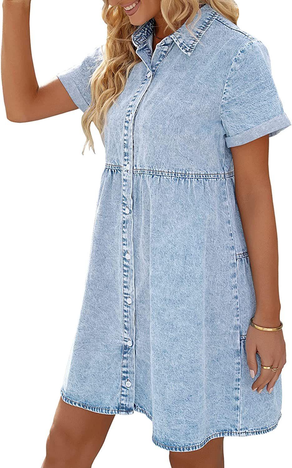 Denim Dress for Women Summer Dress Short Sleeve Button Down Tiered Babydoll Denim Jean Dress