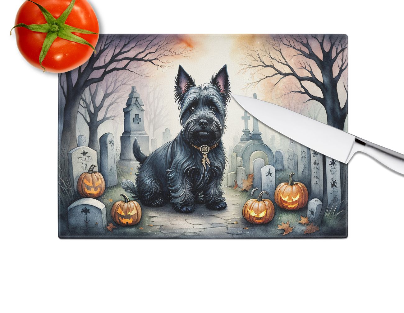 NEW Scottish Terrier Spooky Halloween Glass Cutting Board Decorative Tempered Glass Kitchen Cutting and Serving Board Large Size Chopping Board