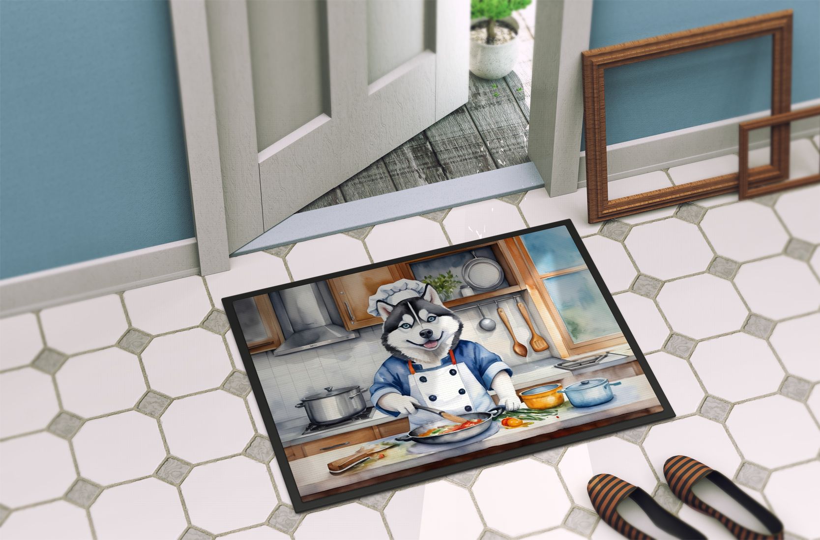 NEW Siberian Husky The Chef Doormat Front Door Mat Indoor Outdoor Rugs for Entryway, Non Slip Washable Low Pile, 18H X 27W