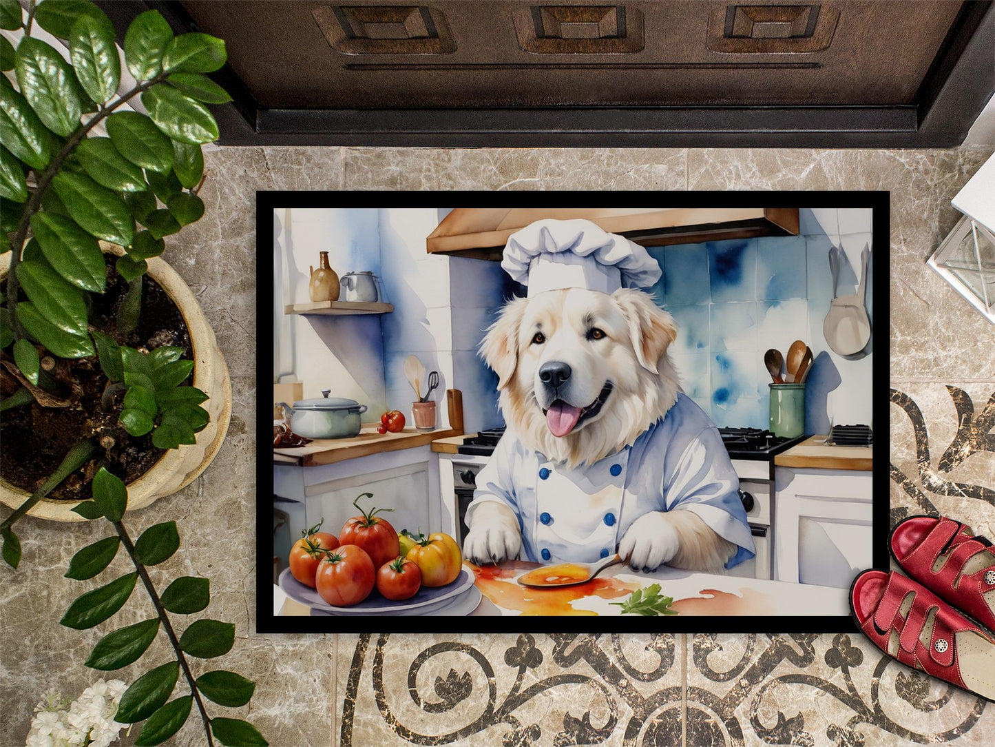 Great Pyrenees The Chef Doormat Front Door Mat Indoor Outdoor Rugs for Entryway, Non Slip Washable Low Pile, 24H X 36W