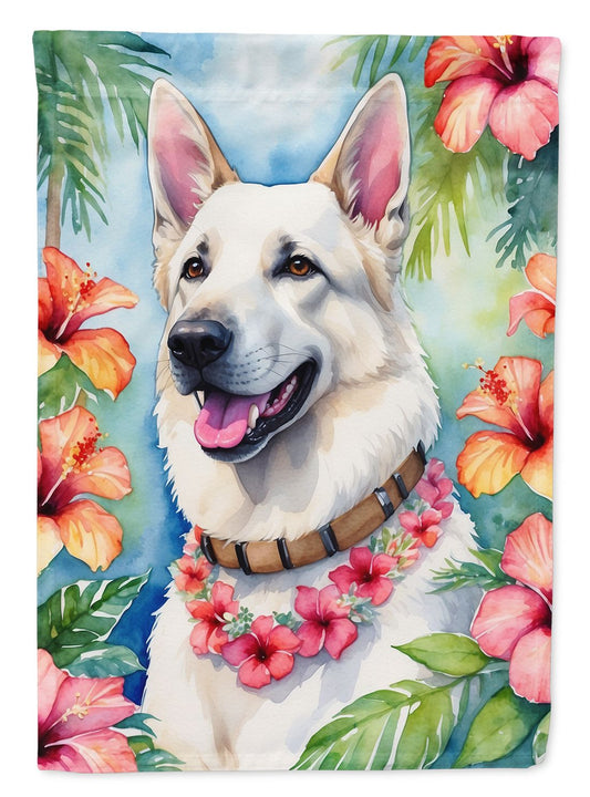 White German Shepherd Luau Garden Flag Mailbox Flag Decorative Yard Flag Banner Outside Patio Artwork Yard Flower Beds, Garden Size, Multicolor